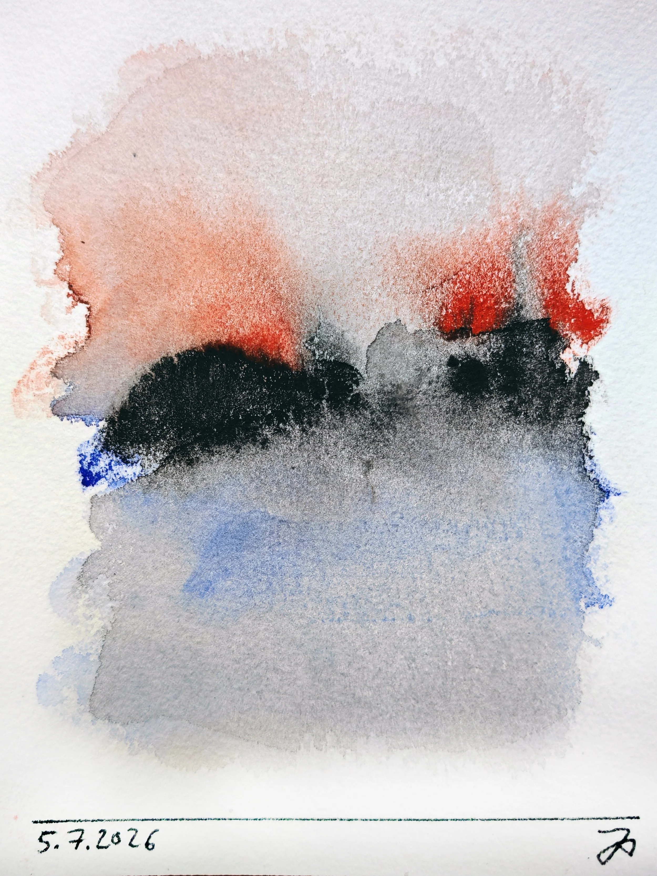 Abstract watercolor painting with shades of red, black, gray, and blue, on textured paper, dated 5.7.2026 with a signature.