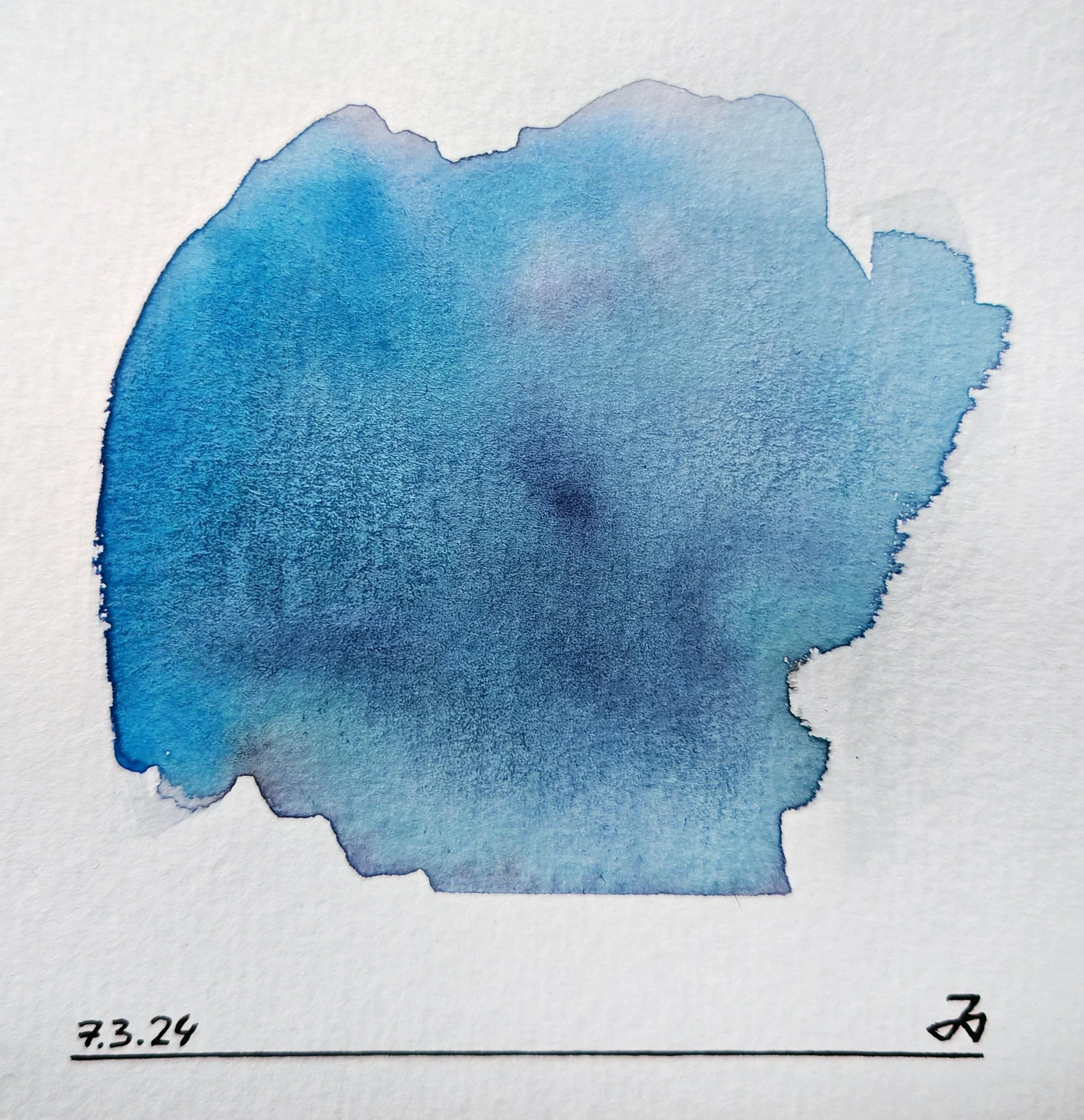 Watercolor painting of a mountain range with shades of blue, with handwritten text and symbols below.