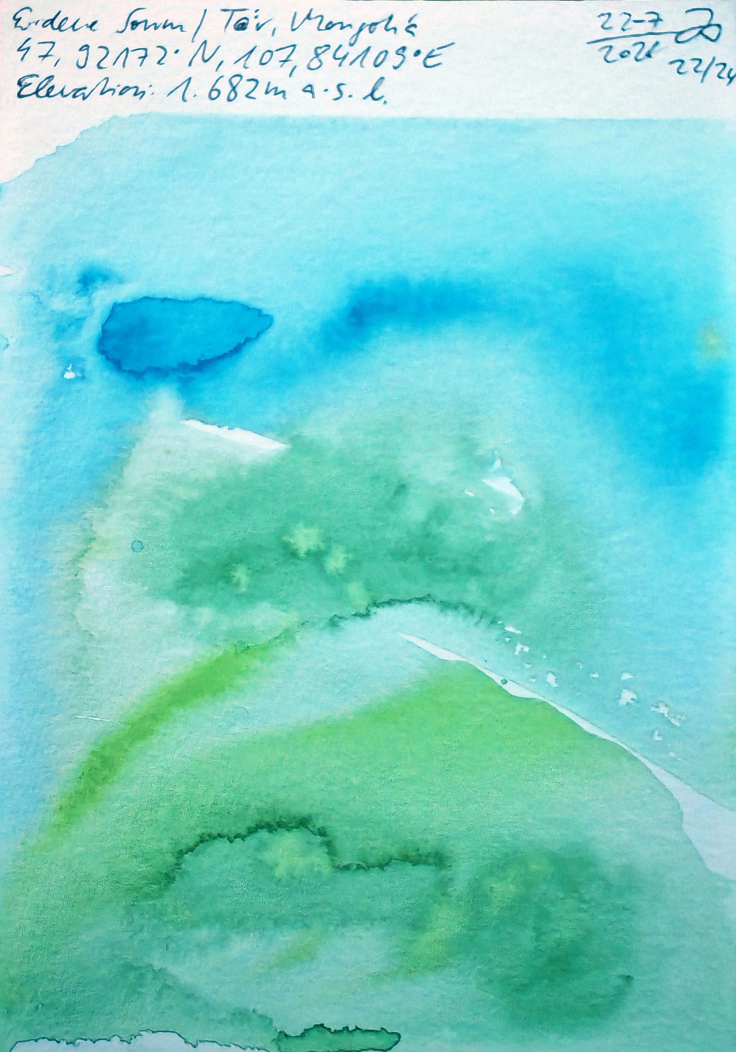 A handwritten note on paper with blue ink, containing coordinates, elevation, and date, along with watercolor swatches in shades of blue, green, and yellow.