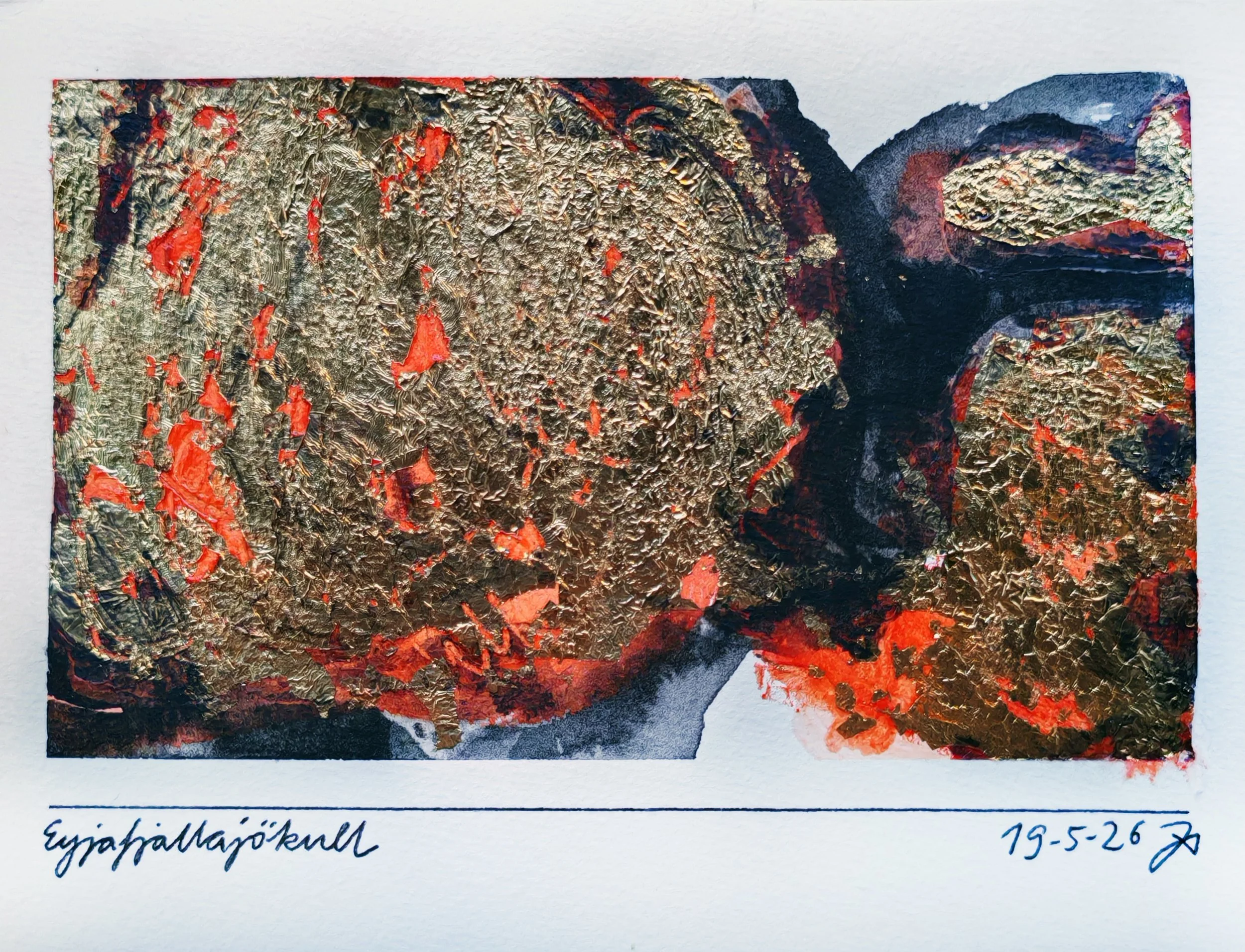 A textured piece of artwork with red, gold, black, and green colors and a handwritten note below that reads 'Eyjarföllnájoenkull 19-5-26'