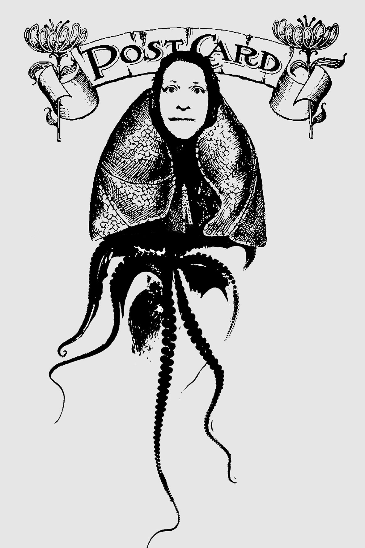 Black and white illustration of a creature with a human woman's face, a dragon's body, and a jellyfish-like lower body, with a banner above that reads 'Post Card' and two floral designs.