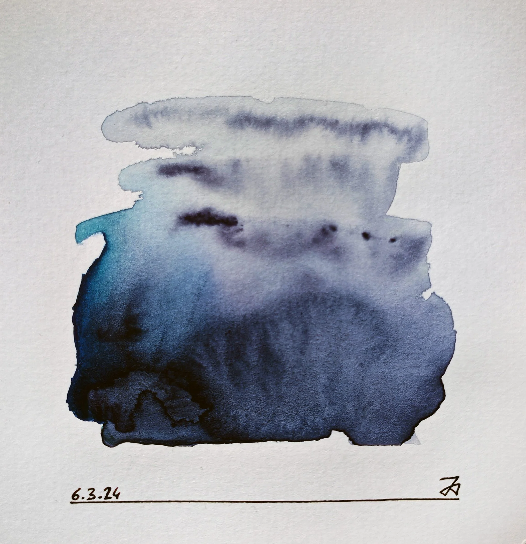 Abstract watercolor painting with shades of blue, gray, and black on white paper, with the date 6.3.24 written at the bottom left and an artist's signature at the bottom right.