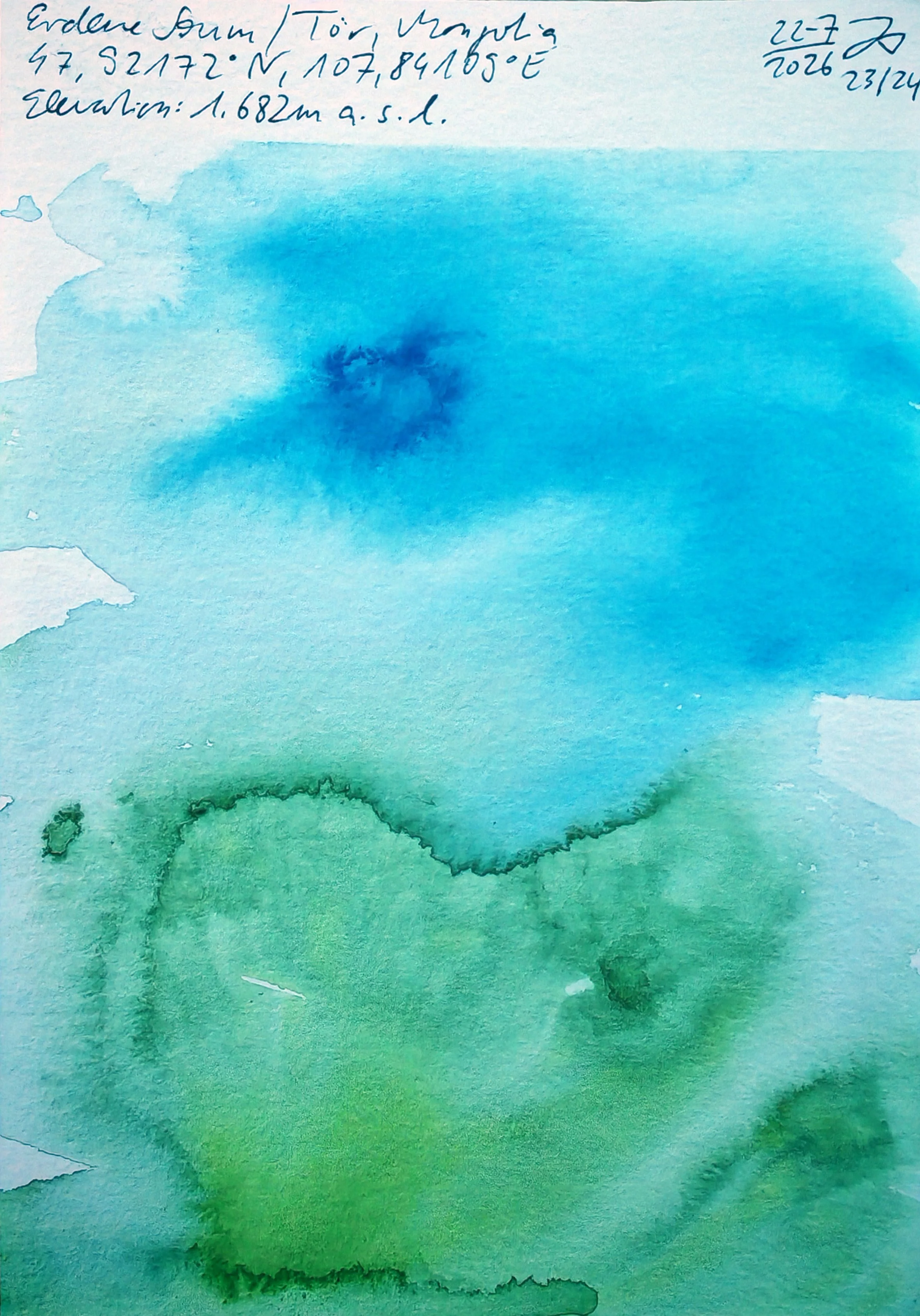 A watercolor painting with shades of green at the bottom and shades of blue in the middle, blending into a white upper section. There are handwritten notes and coordinates in blue ink on the top part of the painting.