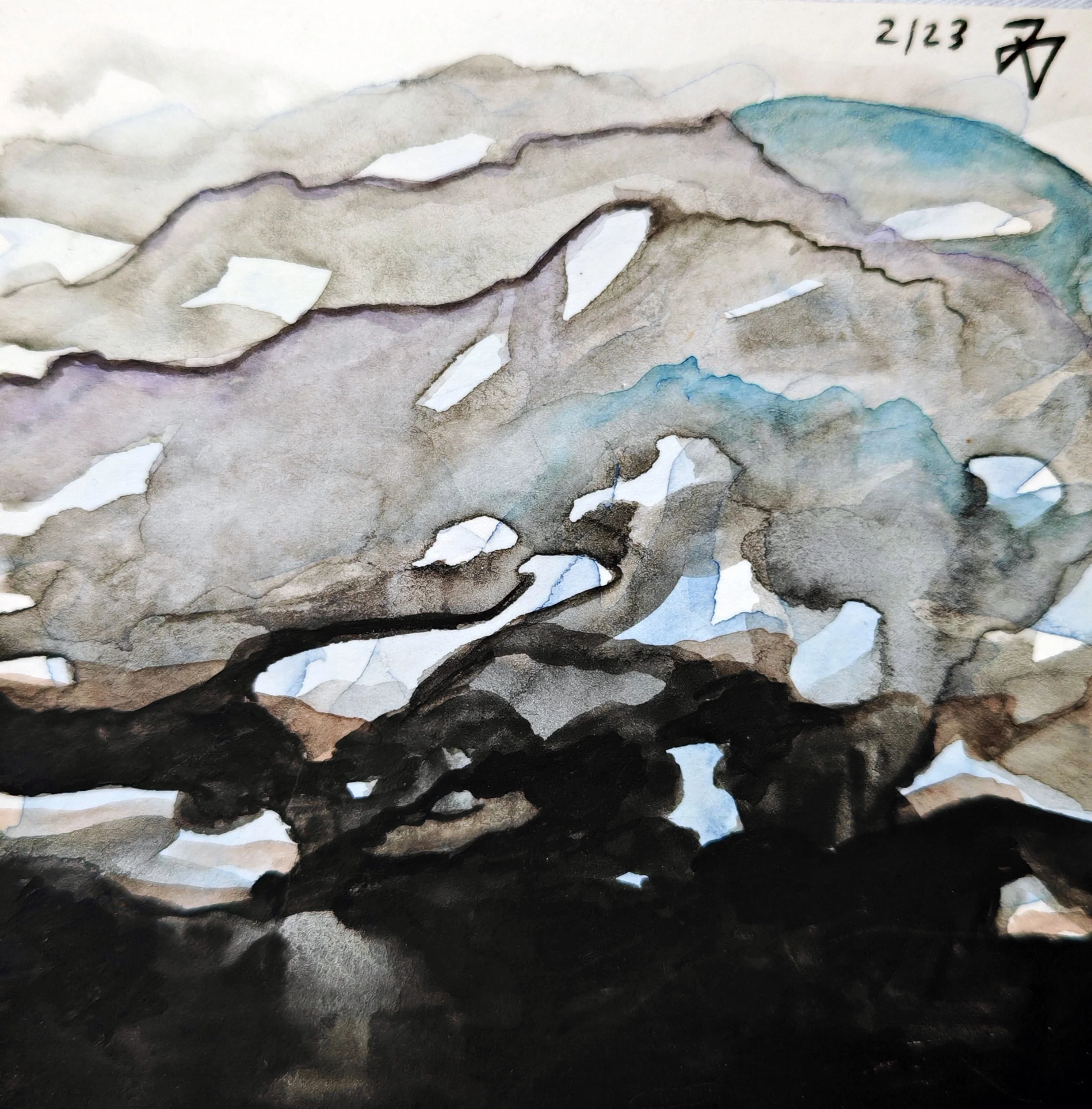 Watercolor painting of mountain landscape with layered mountain ranges, some snow patches, and a blue sky.