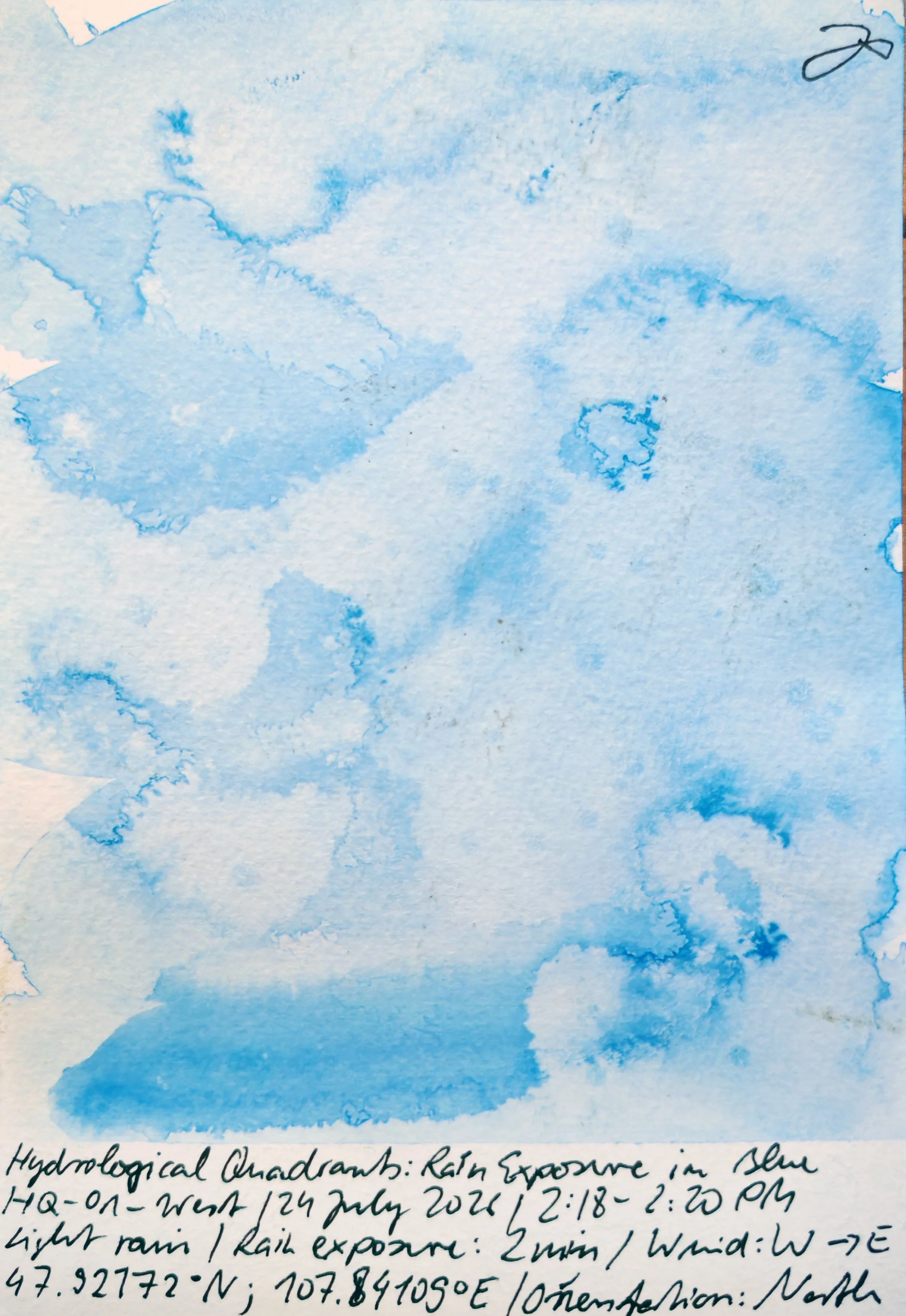 Blue watercolor painting with handwritten notes about hydrological data at the bottom.