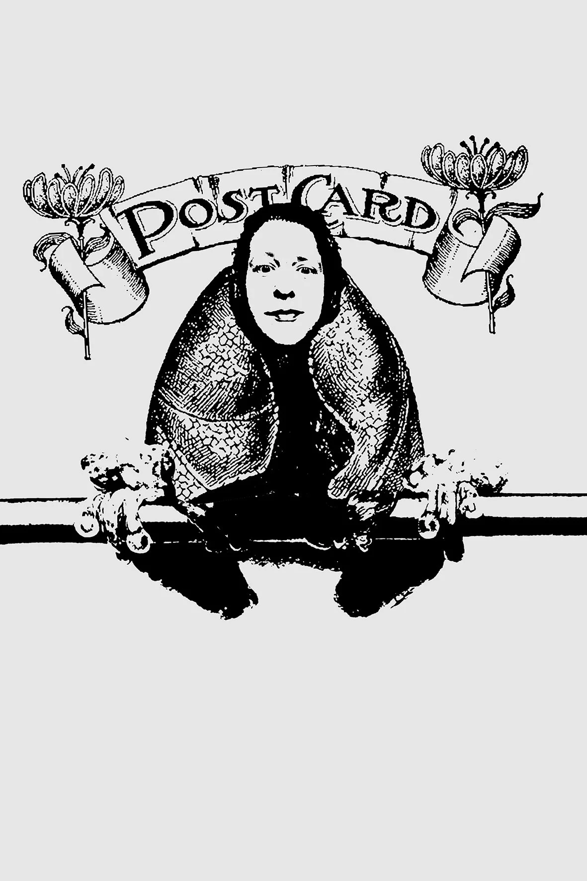 Illustration of a person with a human face, sitting cross-legged beneath a banner that reads 'Postcard' and decorated with flowers and scrolls.