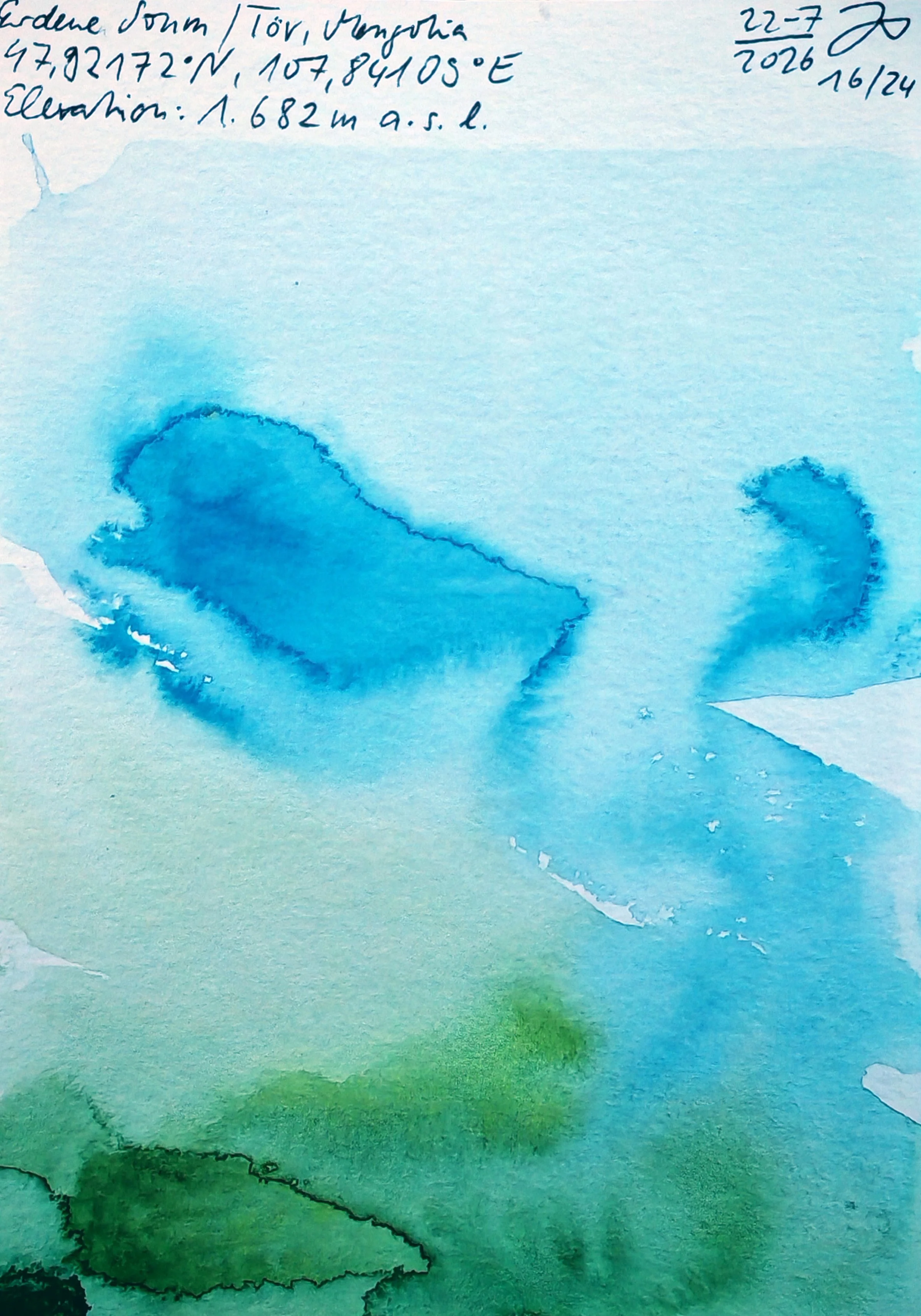 A handwritten note with coordinates, altitude, and date at the top right corner, along with a blue watercolor painting of a mountain landscape with green hills, a mountain range, and a pale sky.