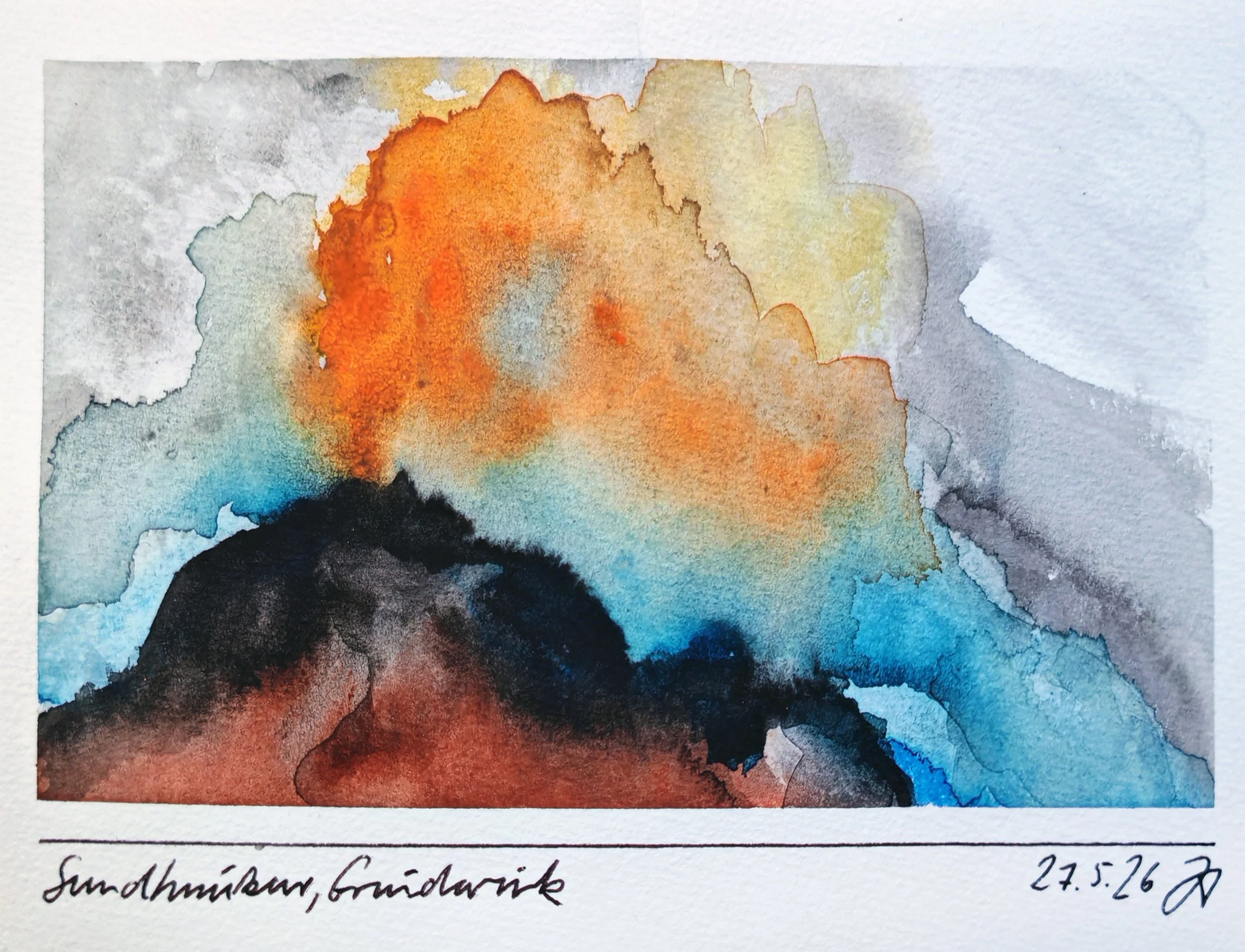 A colorful abstract watercolor painting with shades of orange, yellow, blue, black, and gray. The painting appears to be an abstract landscape or mountain scene with fluid blending of colors.