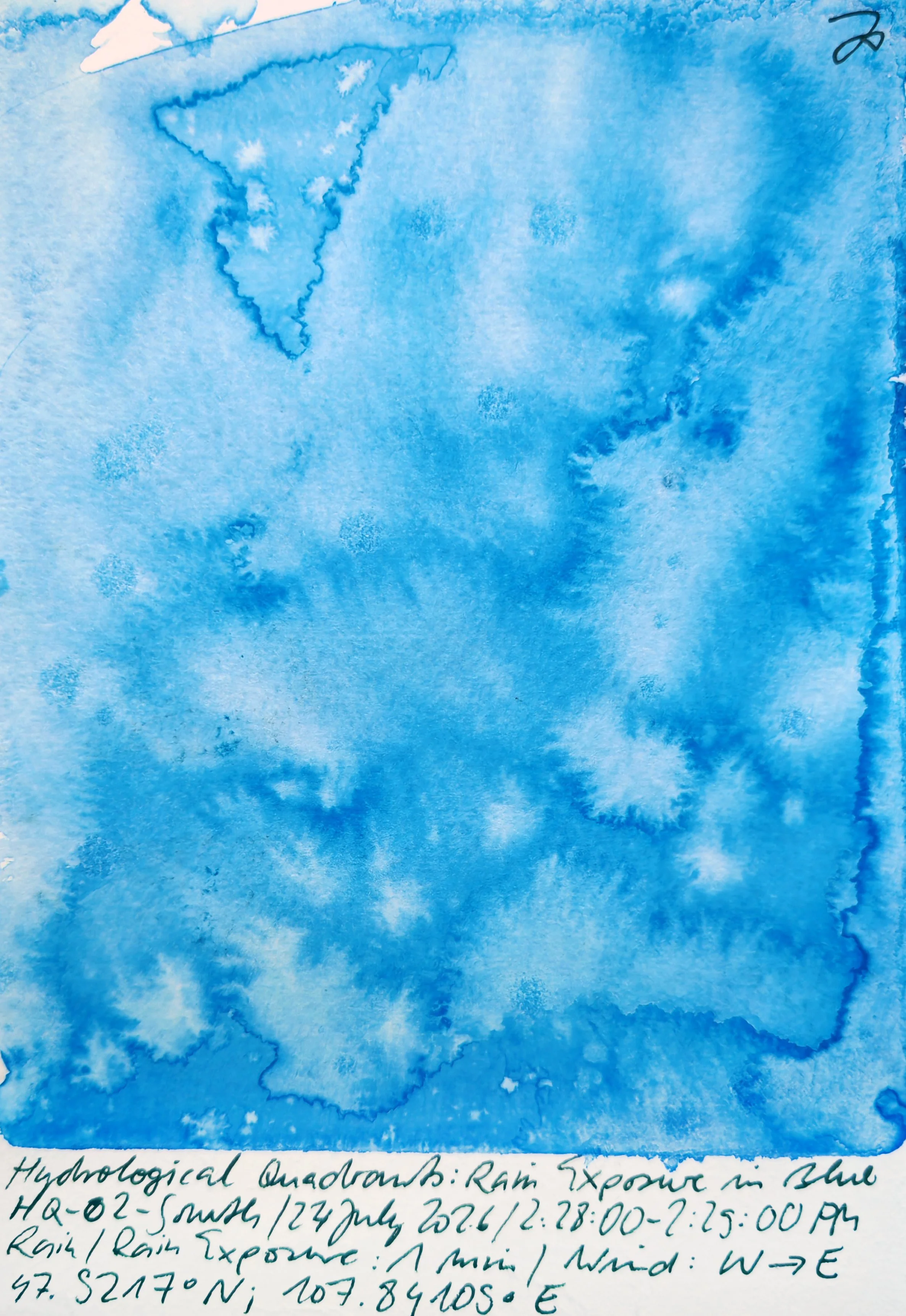 A blue watercolor painting with handwritten notes at the bottom describing the hydrological quadrants and rain exposure in blue. The notes include specific details such as date, time, location, and directions.