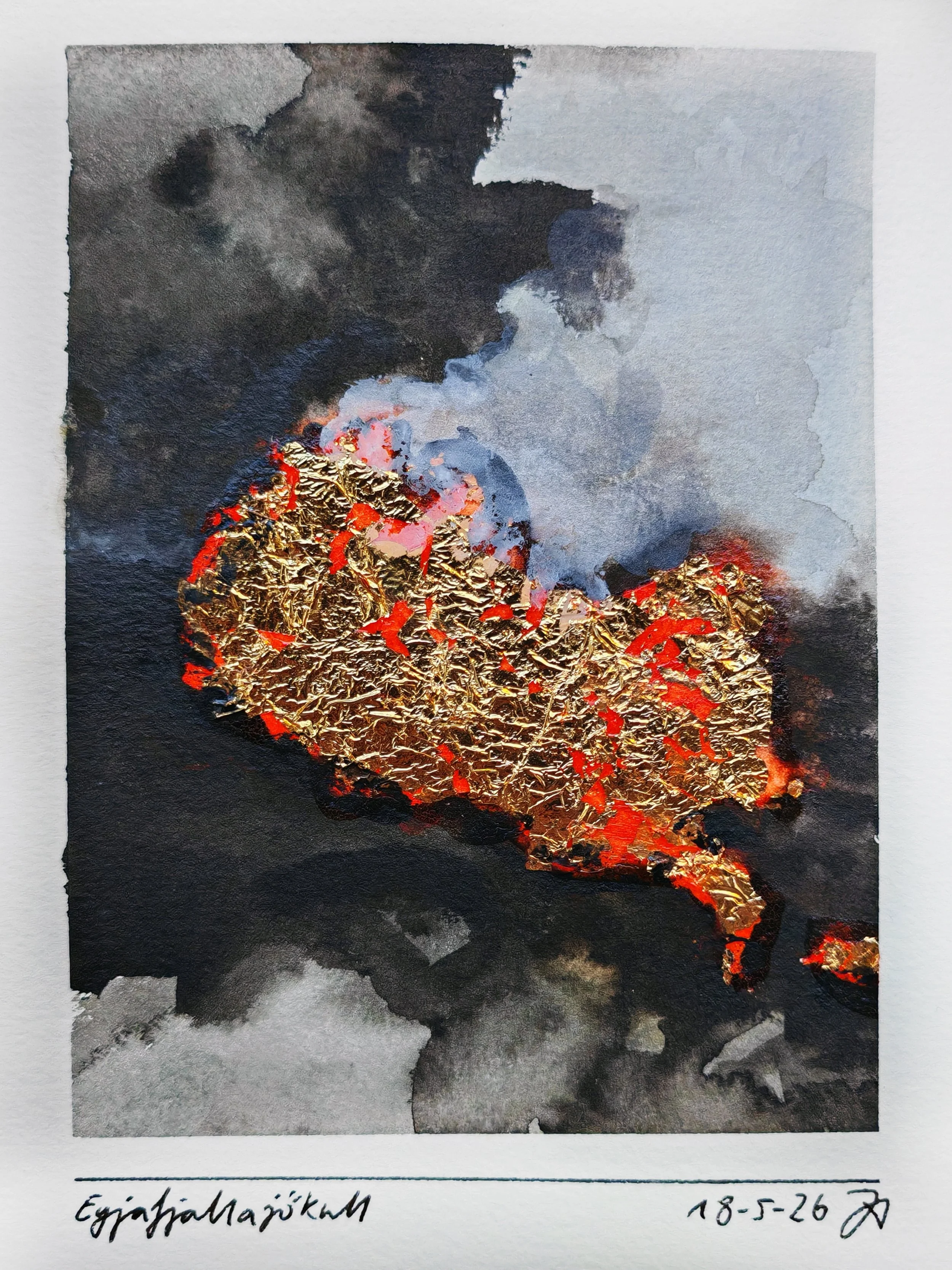 Watercolor painting of erupting volcano, with black smoke and red-hot lava, signed and dated 18-5-26.