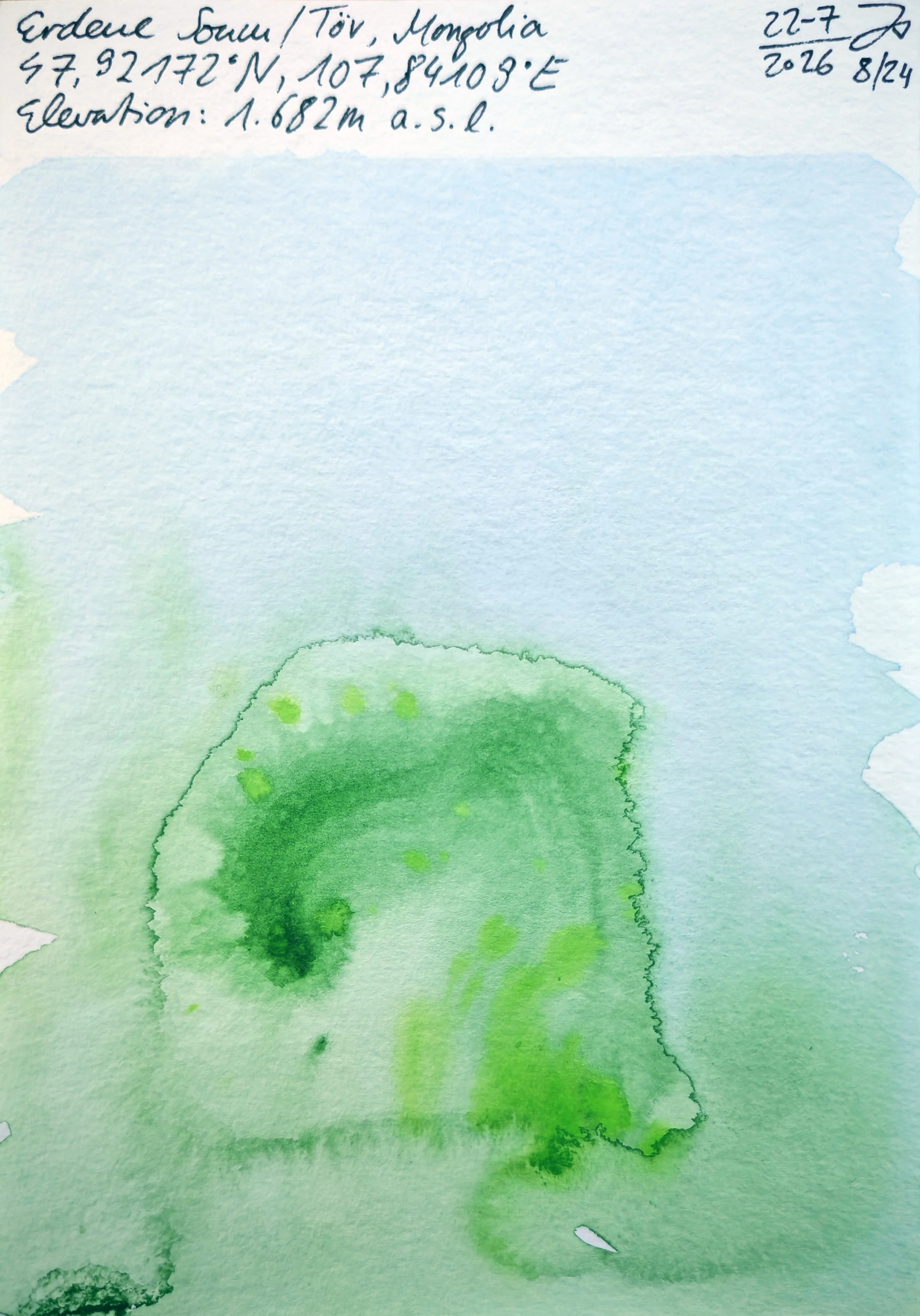 A handwritten note with geographic coordinates, elevation, and date, alongside a watercolor painting of a green landmass, with the sky and some land in the background.