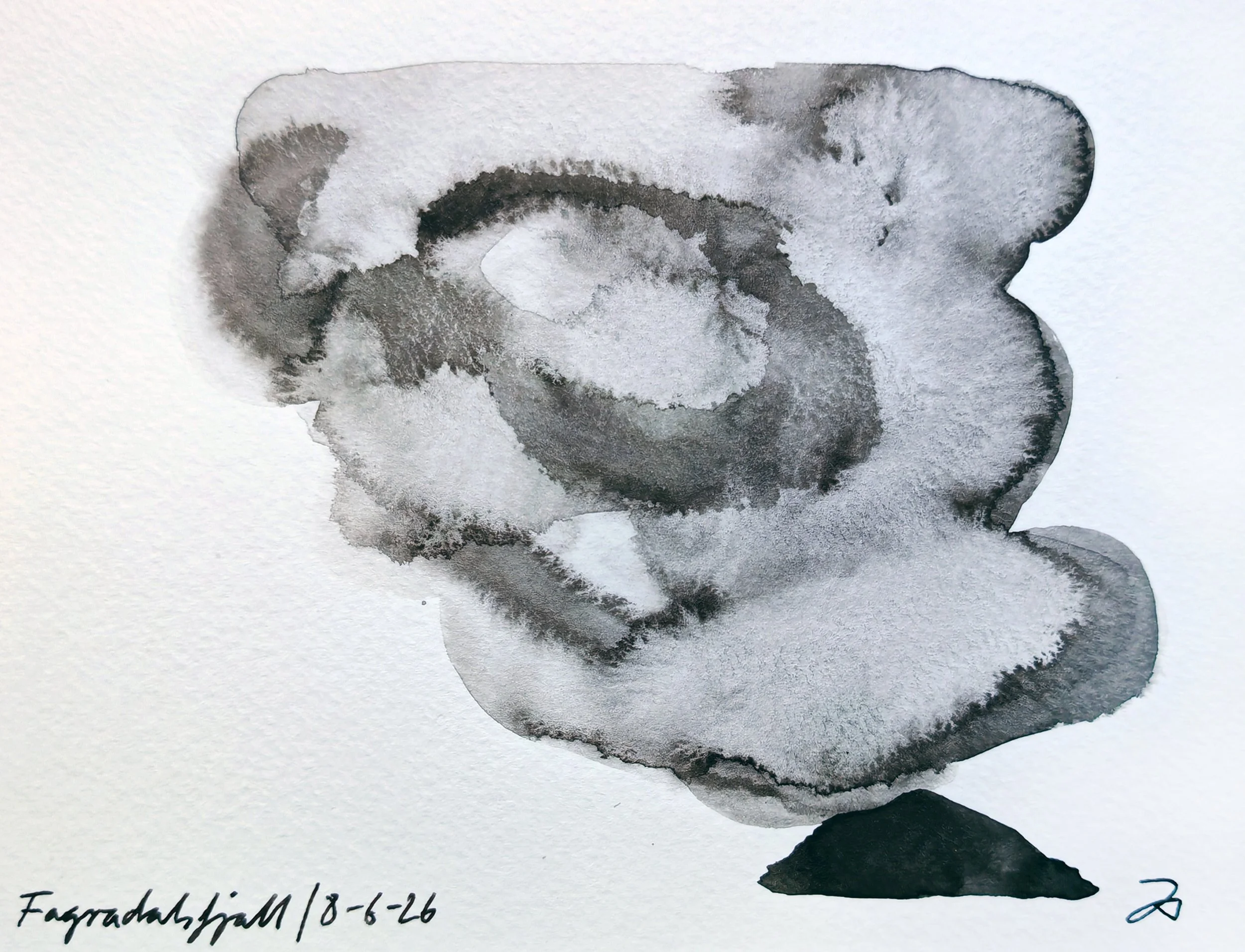 A black and white watercolor painting of a face in profile view, showing features like the eye, nose, and mouth with loose brush strokes and shading. The artist's signature and date are at the bottom.