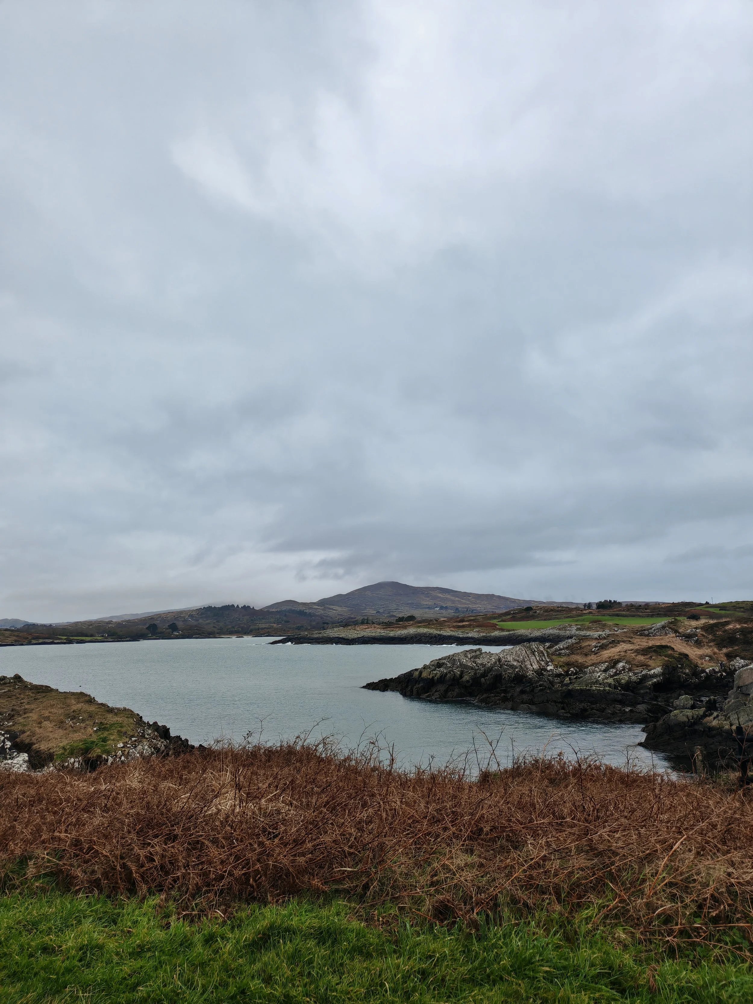 A landscape featuring a lake with rocky shores, surrounded by rolling hills and a cloudy sky.