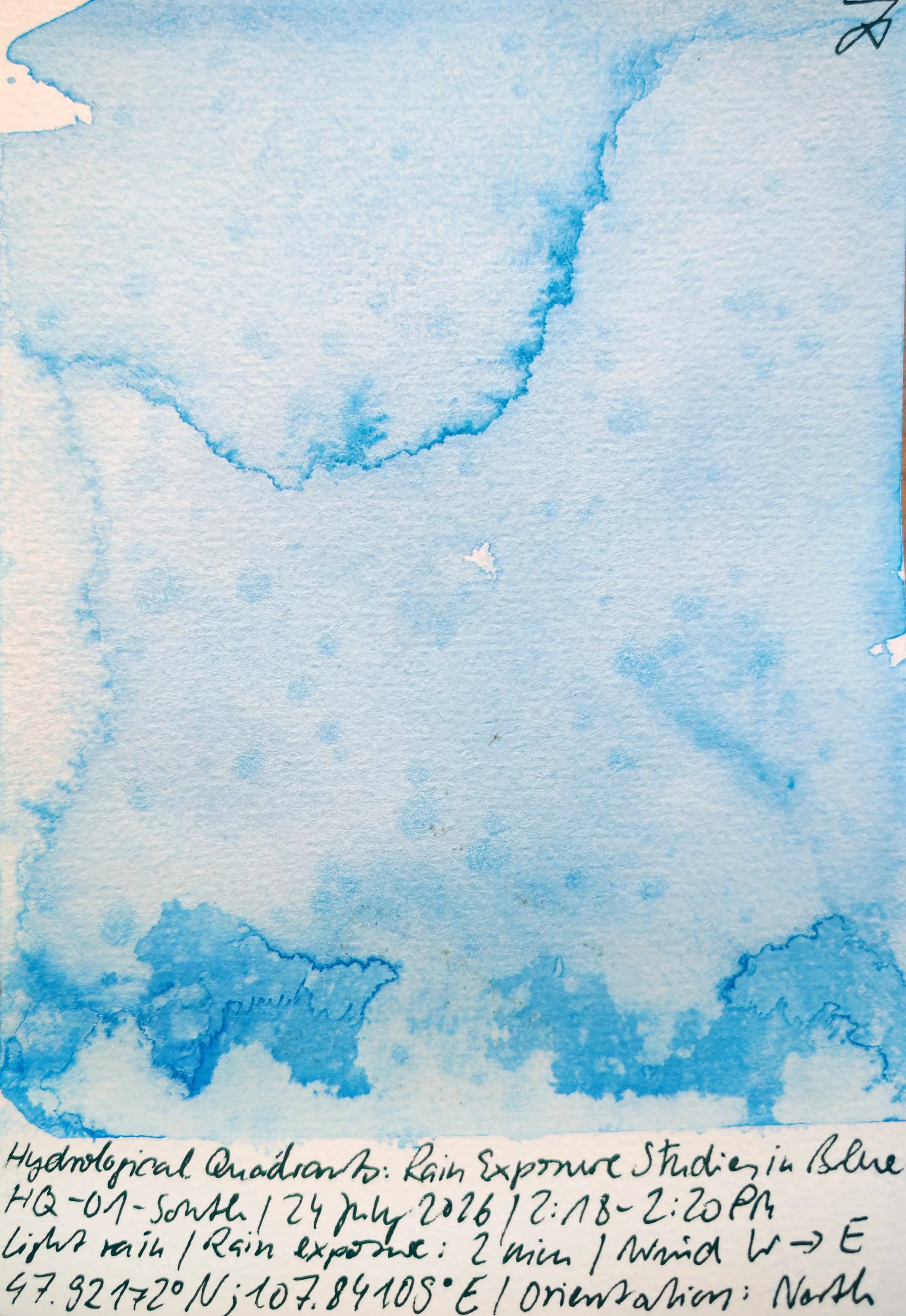 A watercolor painting titled "Hydrological Quadrant" depicting rain exposure studies in blue, with handwritten notes describing the study details, date, time, and location.