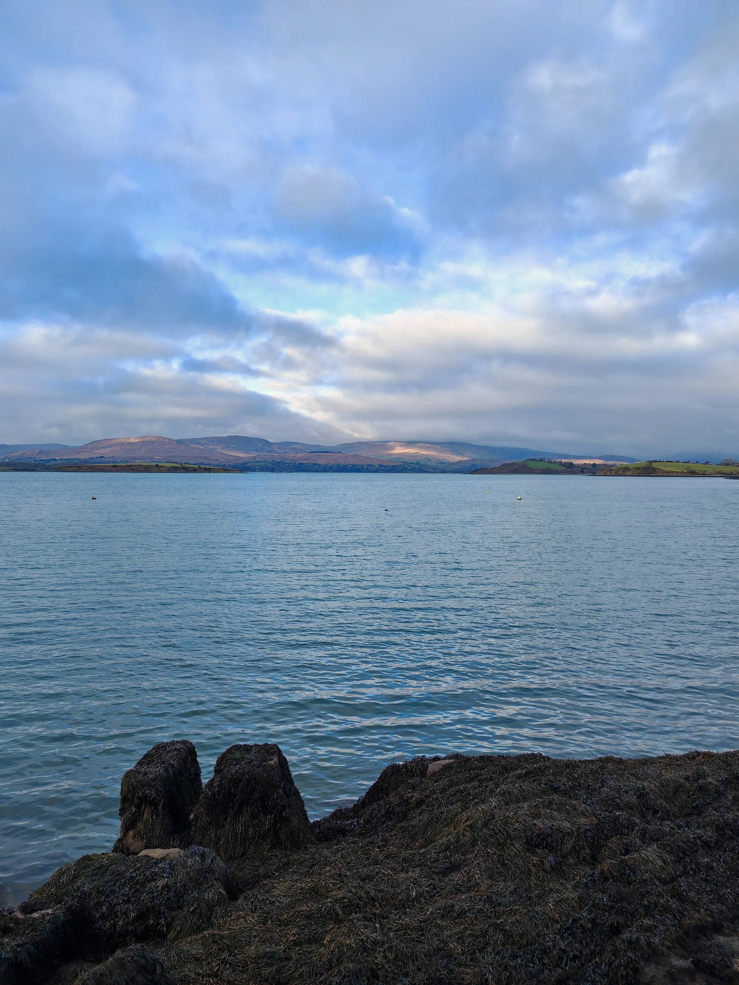 A body of water with dark rocks in the foreground, mountains in the distance, and a partly cloudy sky overhead.
