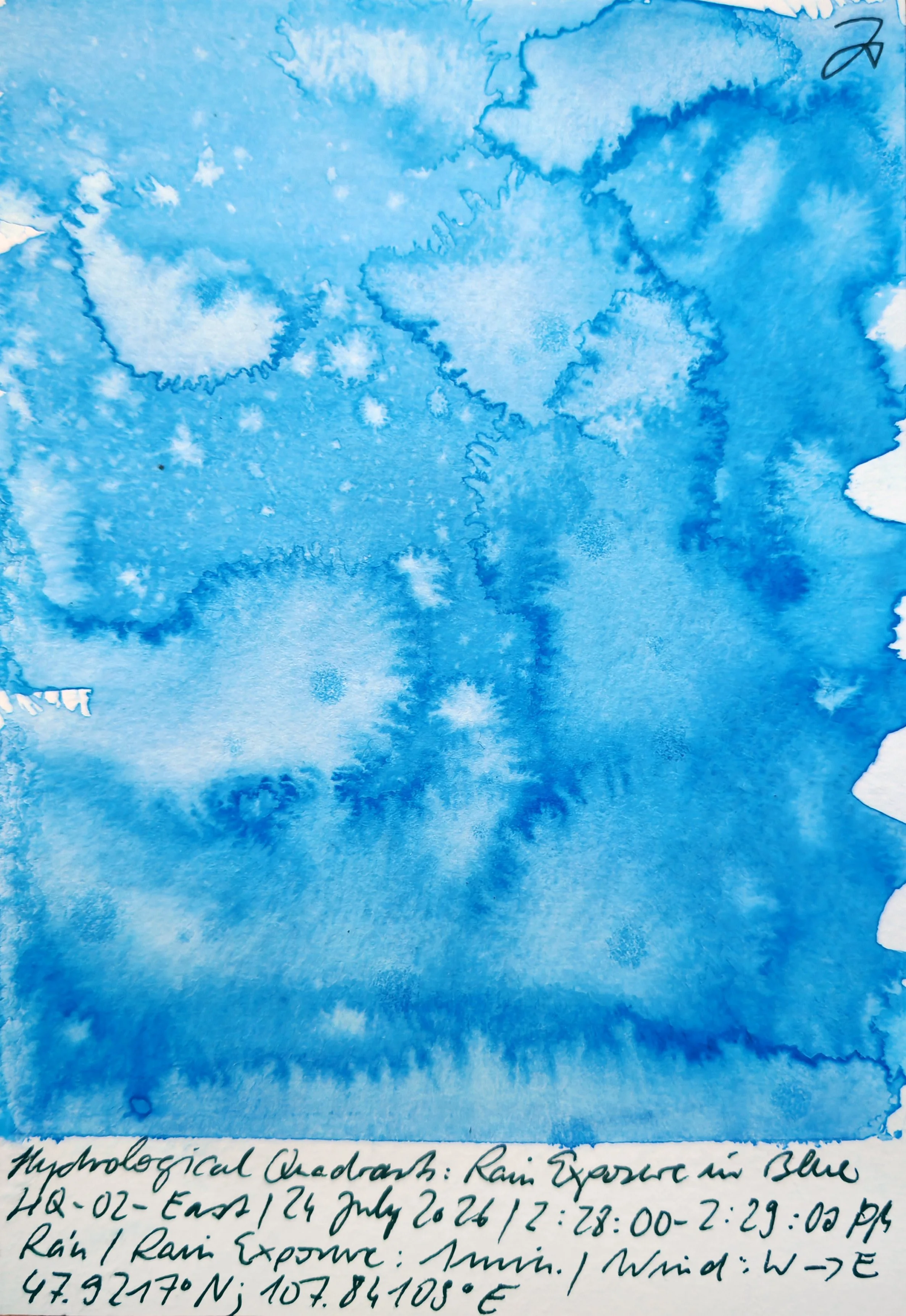 Blue watercolor painting with handwritten notes about meteorological data and rain exposure, including coordinates and wind directions.