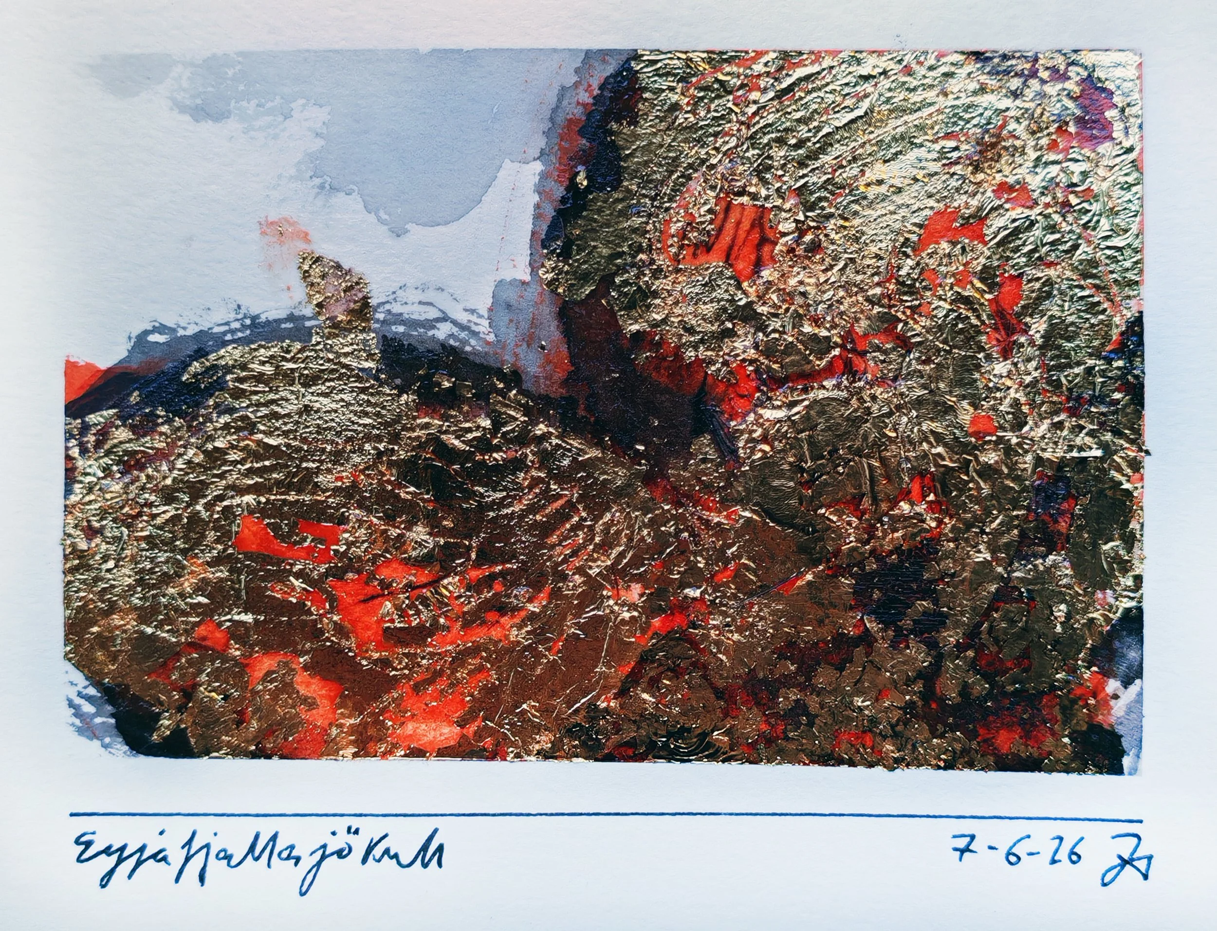 Close-up of an abstract painting with textured gold, red, black, and white paint. Handwritten annotation in Greek and a date at the bottom.