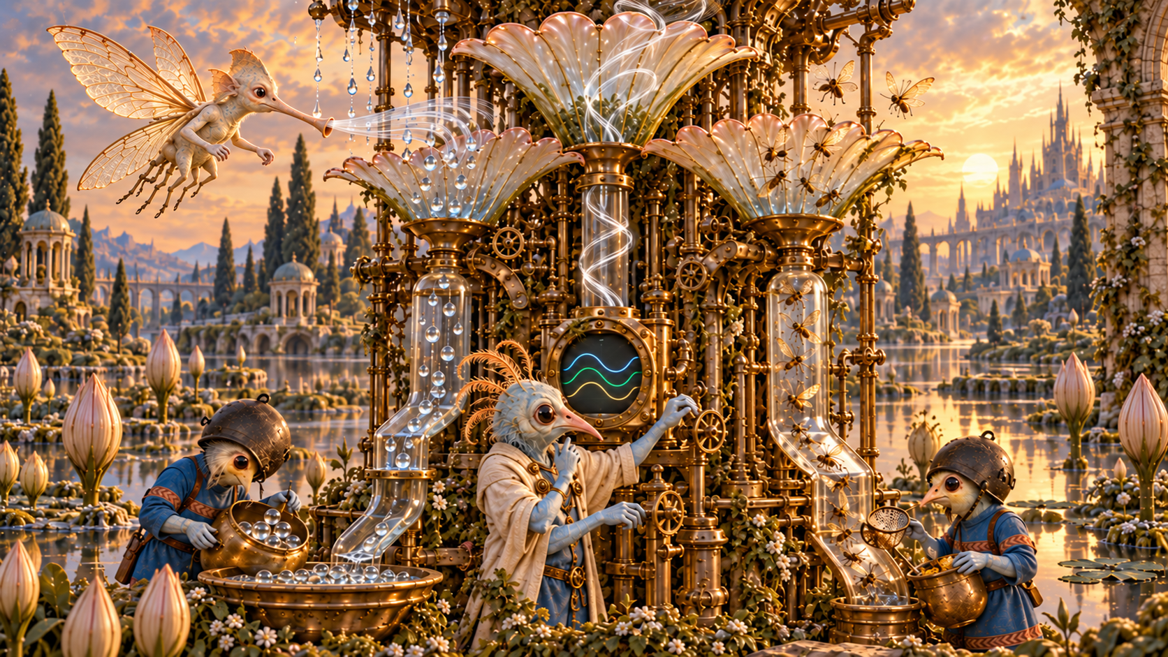 A fantasy scene with bird-like characters in a steampunk environment, working among large flowers and mechanical structures at sunset with a castle in the background.