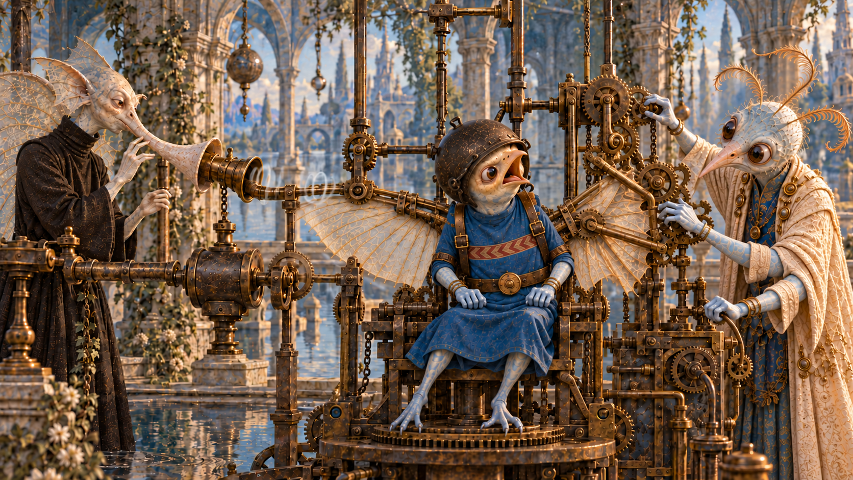 A fantasy scene with three anthropomorphic bird characters in an ornate, steampunk-inspired setting. One bird is sitting on a throne, wearing a helmet and blue clothing, surrounded by gears and machinery. Two other bird characters are playing musical instruments, one with a horn and the other adjusting a gear. The background features elaborate architecture and lush greenery.