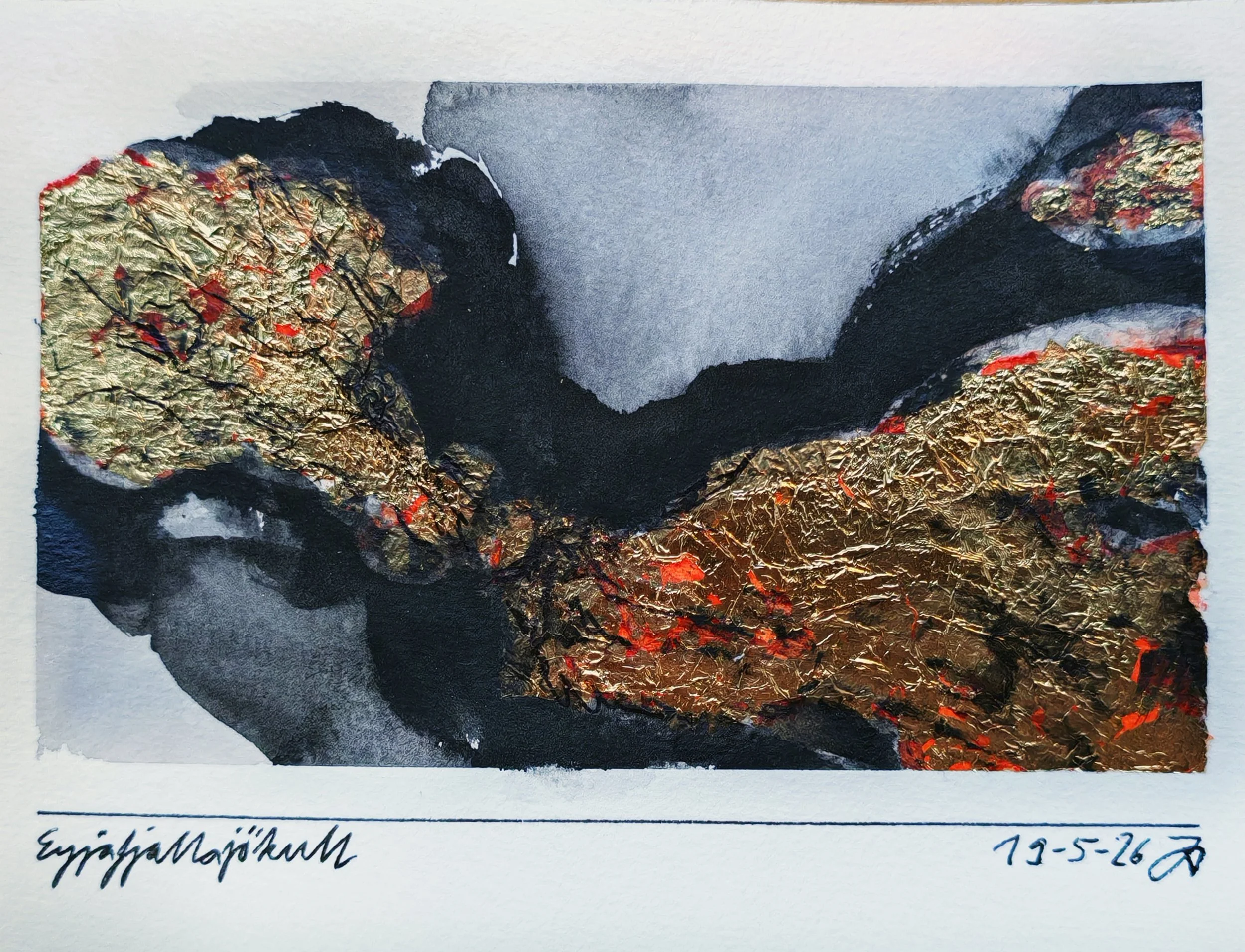 Abstract artwork with black, gold, and red textured elements on a white background, with handwritten notes and date at the bottom.