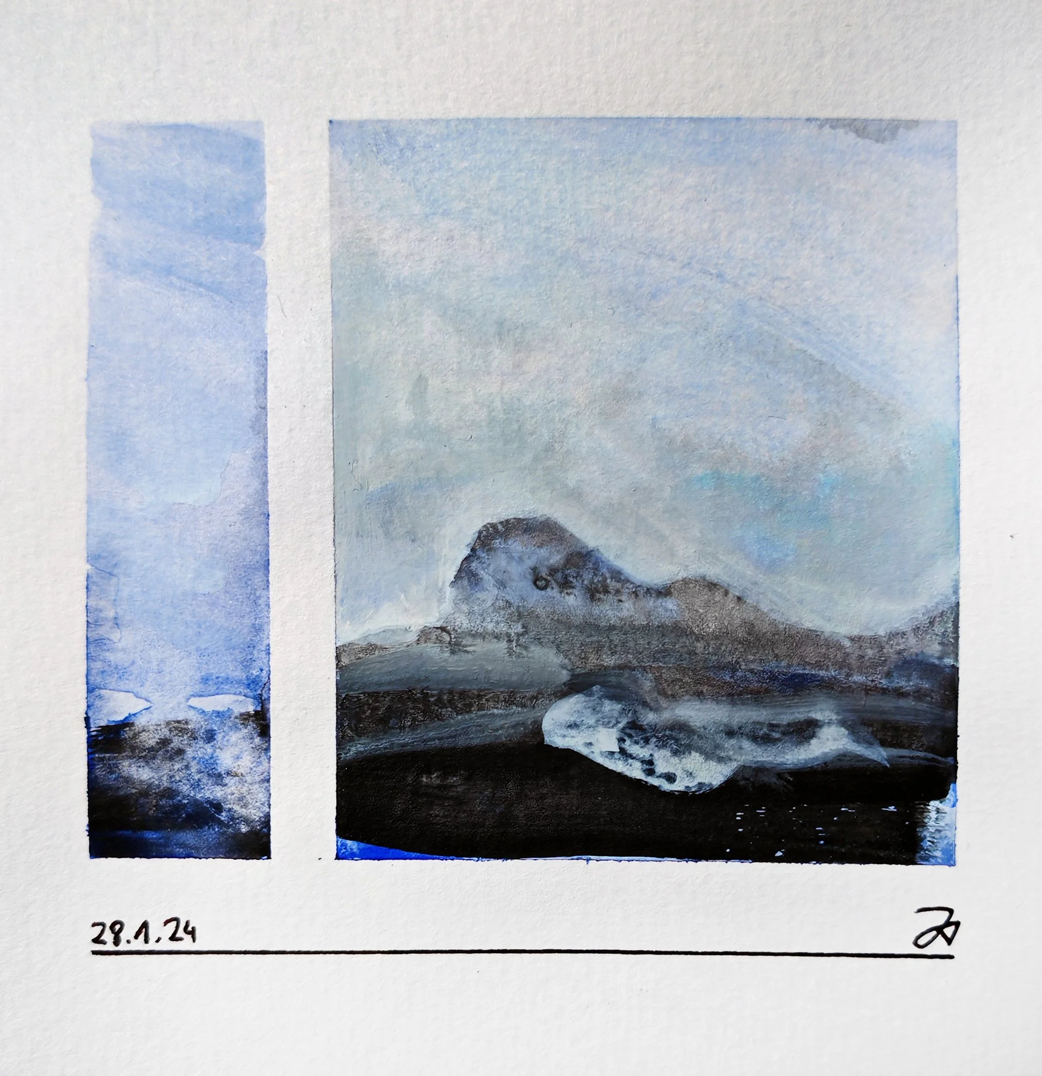 A watercolor painting featuring layers of blue, black, and white. The painting is dated 29.1.24 and signed with initials.