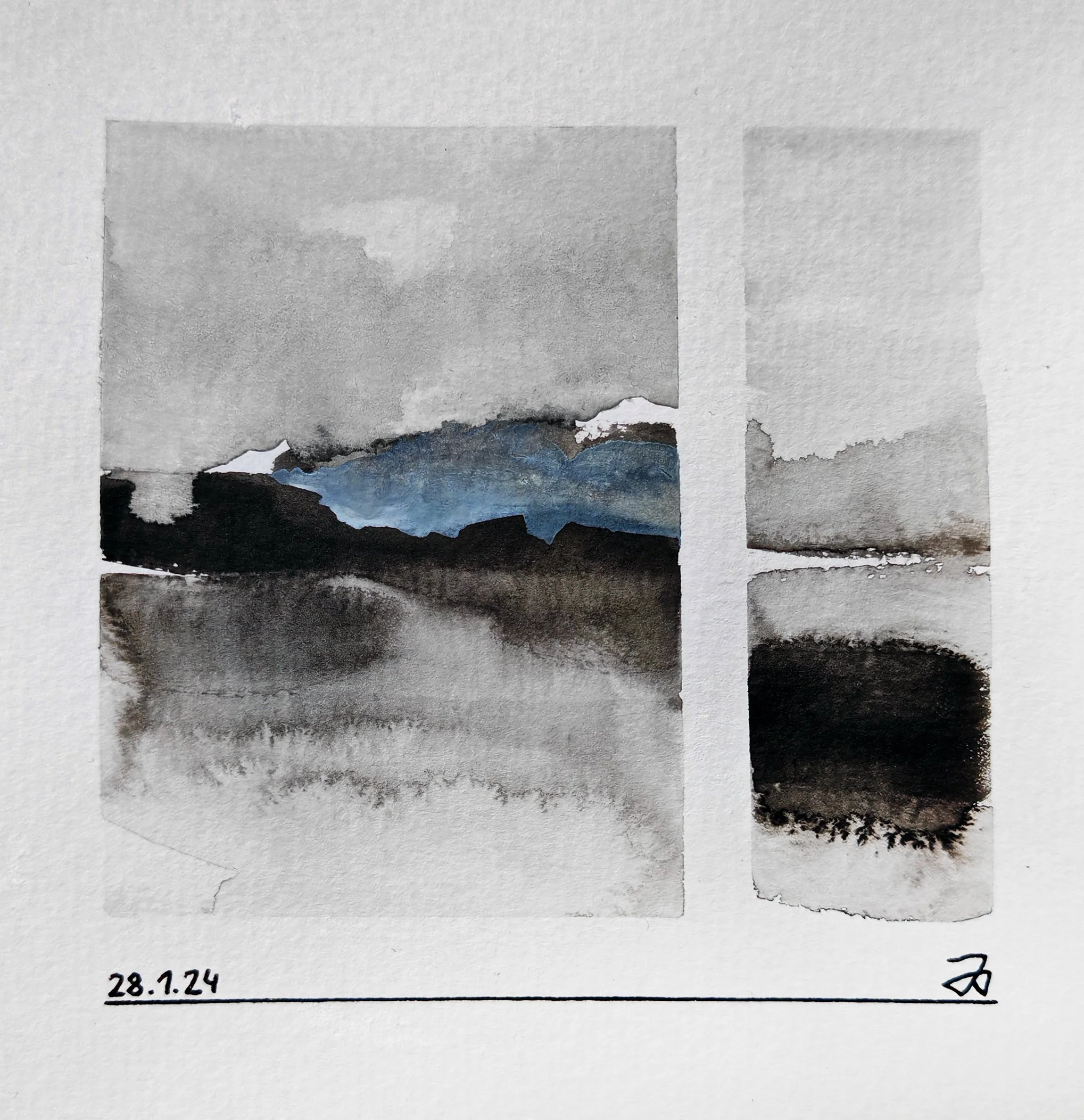 Close-up of a watercolor painting of a mountainous landscape with a cloudy sky, taped to a white background, with a handwritten date 28.1.24 and a small signature or symbol at the bottom.