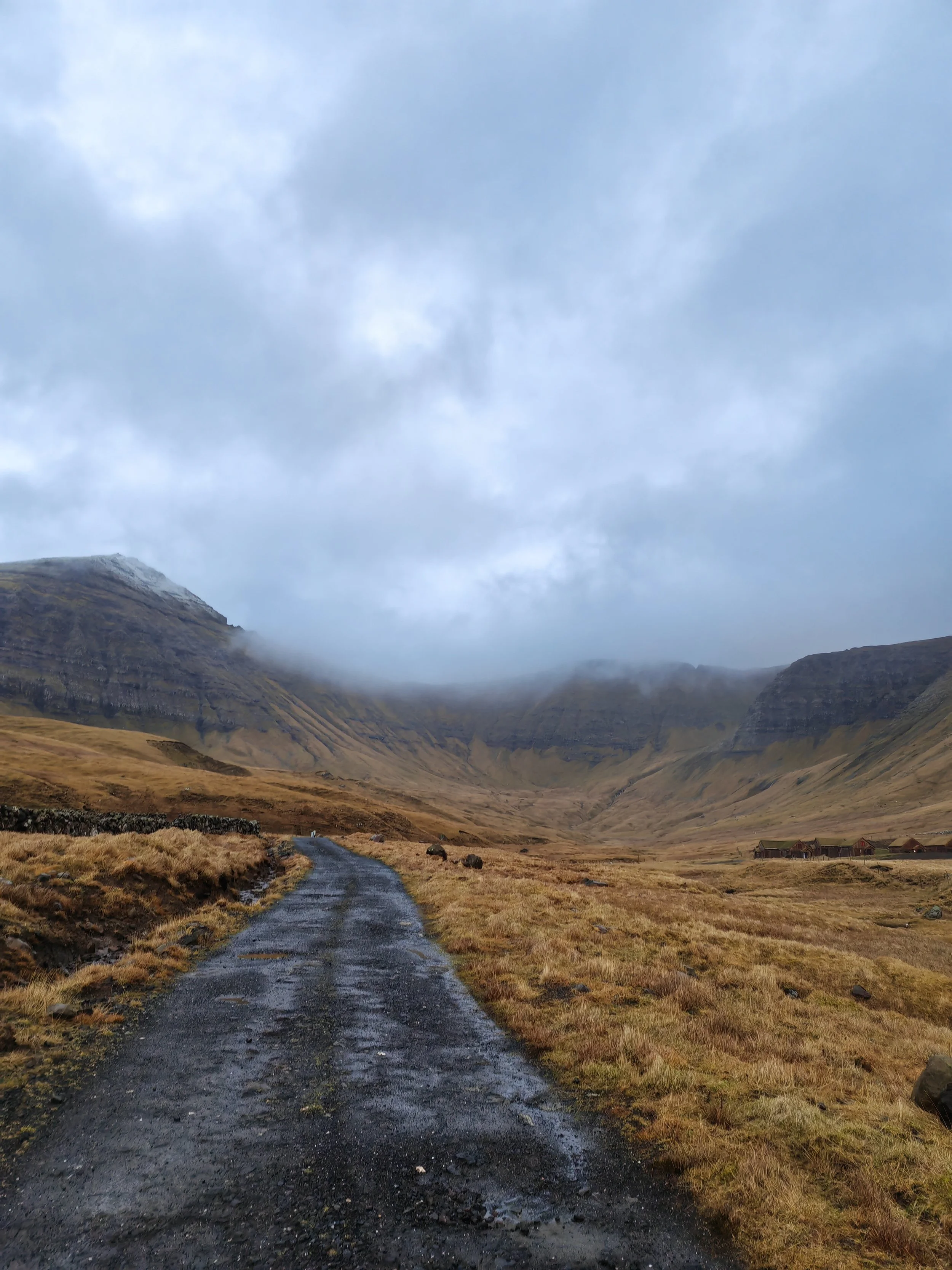 A winding gravel dirt road through a grassy, rocky valley with mountains in the background under a cloudy sky.