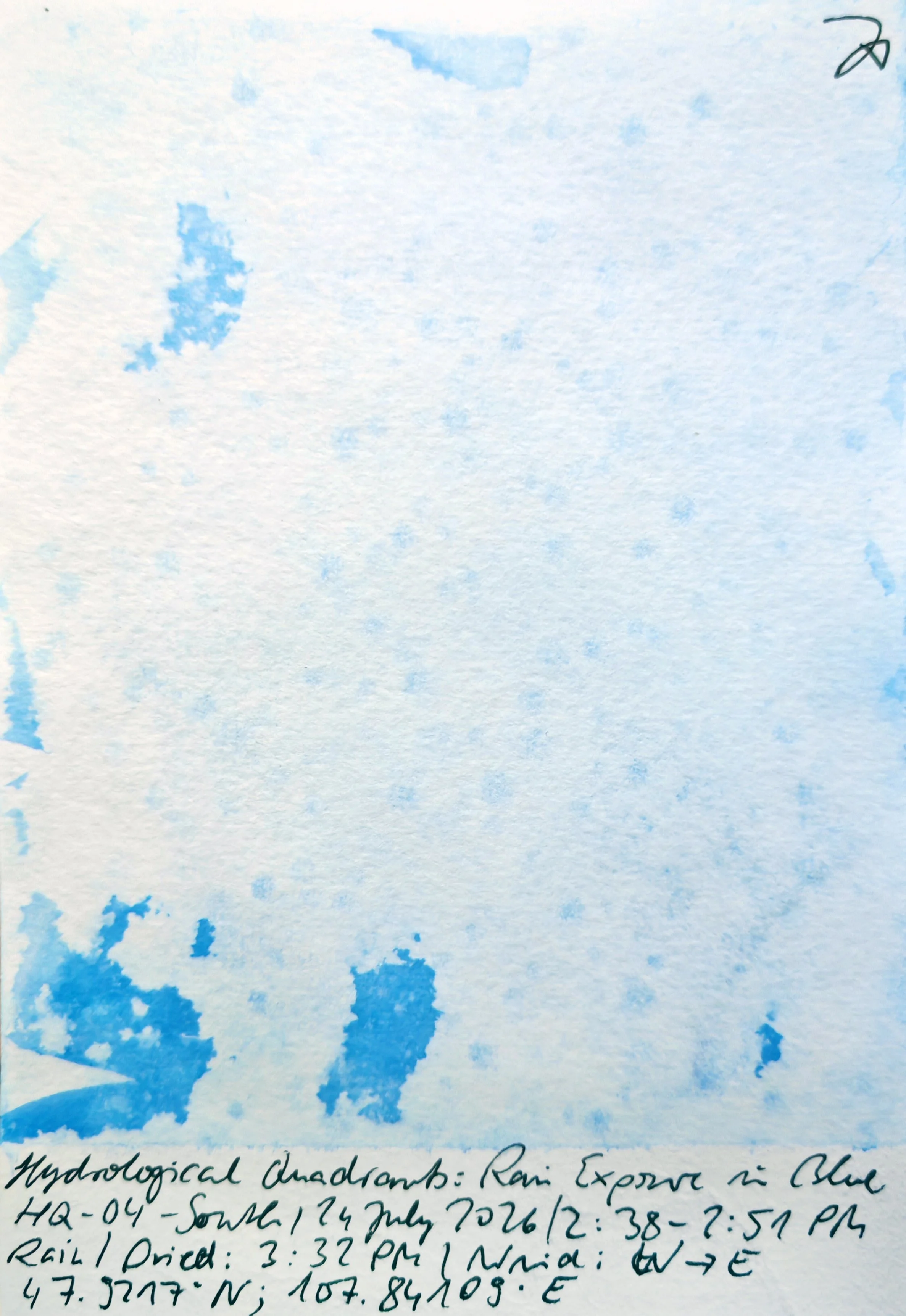 A watercolor painting of a blue sky with some clouds, accompanied by handwritten notes about hydrological data and storm details.