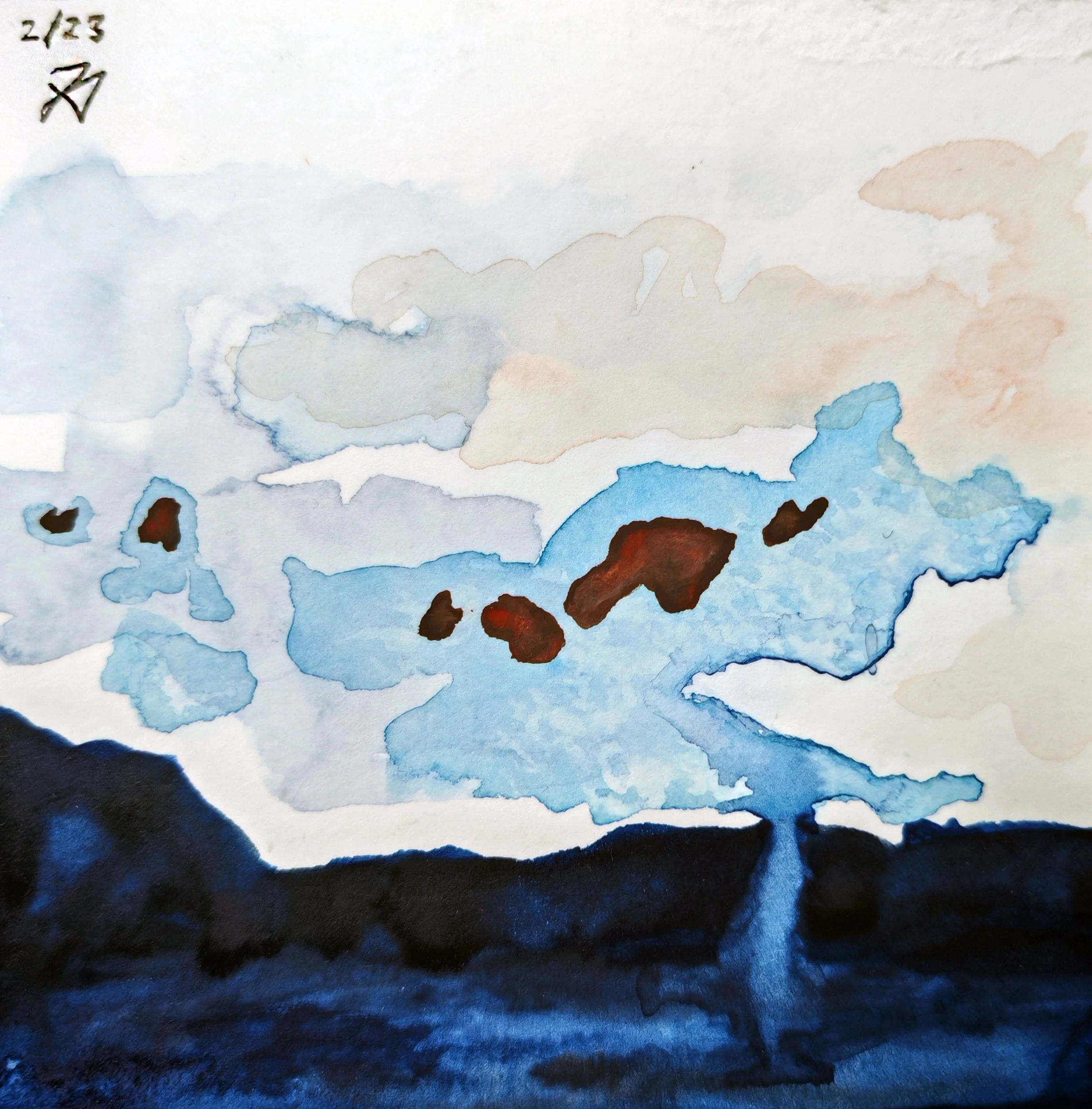 Watercolor painting with cloud-like formations in shades of blue, beige, and brown. The upper left corner has some handwritten text.