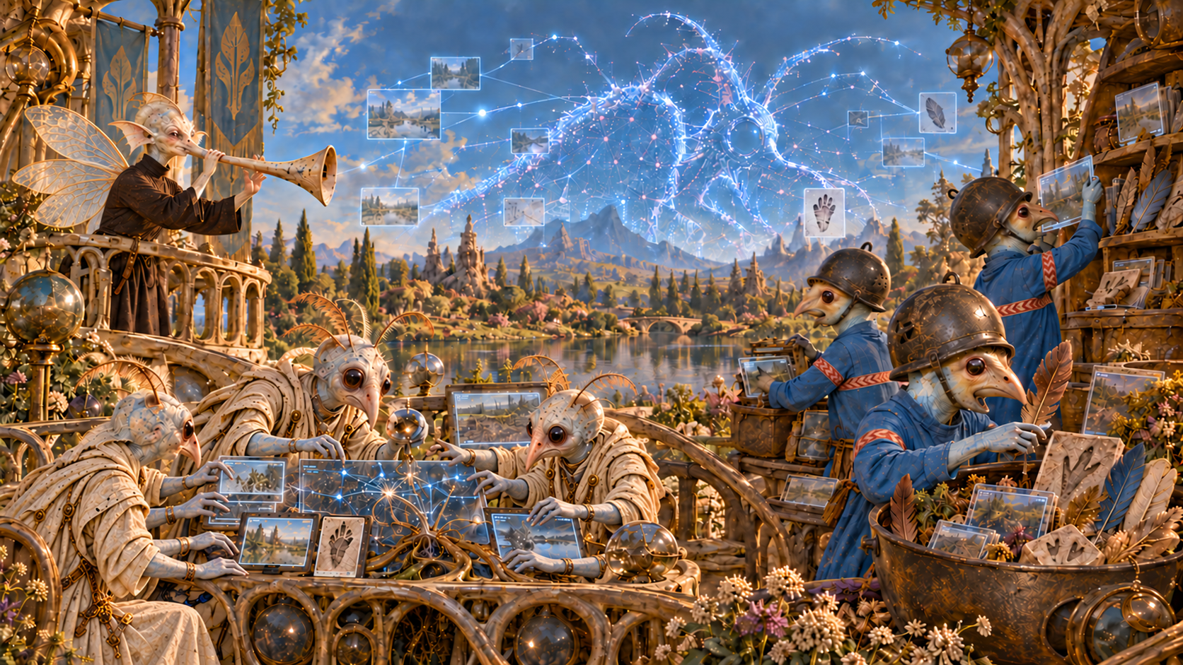 Futuristic scene with bird-like robots and humanoid robots with masks working on computers and tablets on a floral balcony overlooking a landscape with a lake and mountains, a giant dragon-shaped hologram in the sky.
