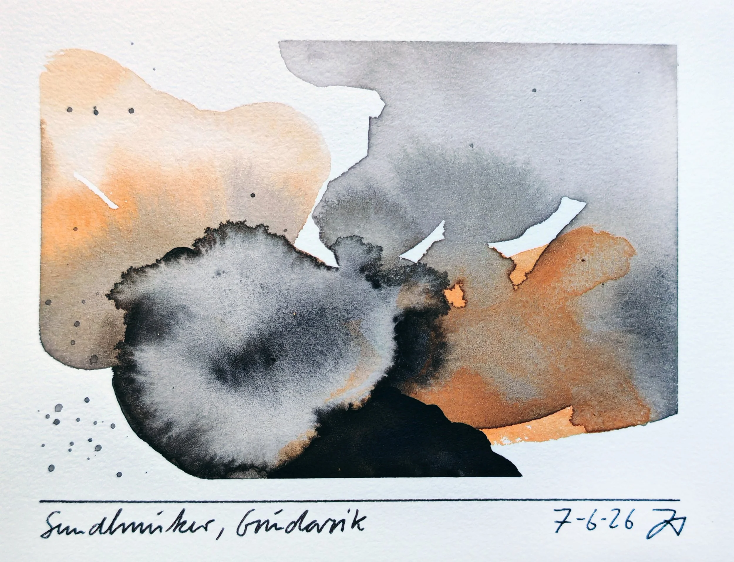 Abstract watercolor artwork with black, gray, and shades of orange paint splashes and blending, includes some handwritten notes at the bottom with a date of 7-6-26.