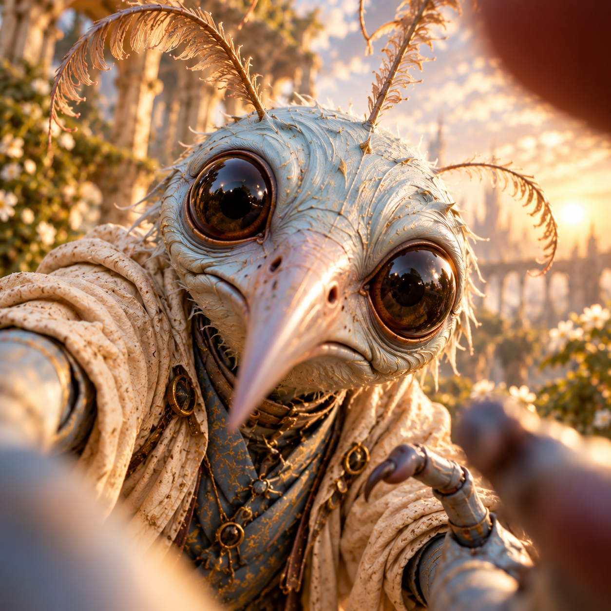 A person in a detailed bird costume with large black eyes and feather-like features, taking a selfie outdoors at sunset.