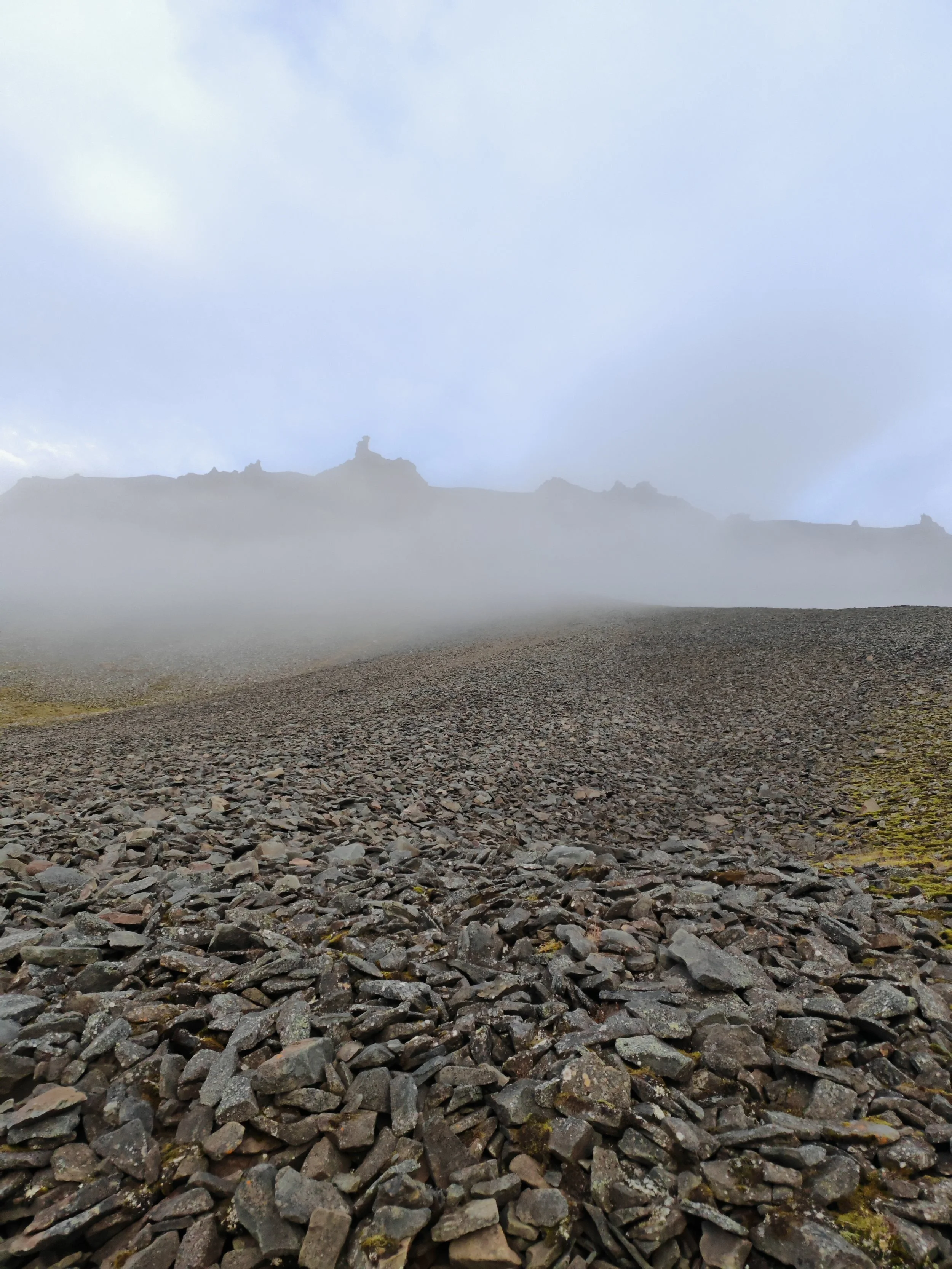 A rocky, gravelly terrain with a mountain range in the distance and a cloudy, overcast sky.