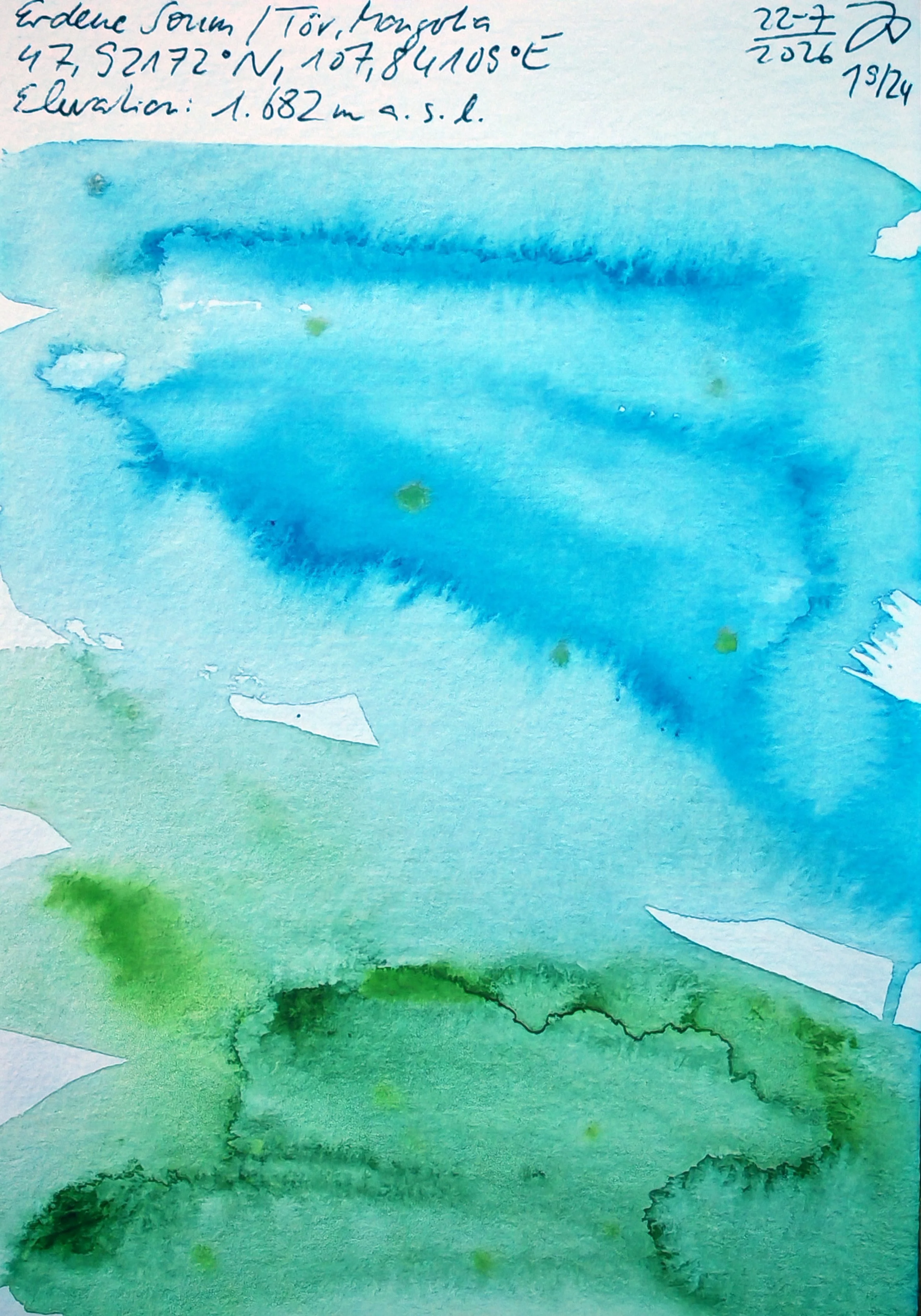 A watercolor painting featuring a pale blue sky and green land, with handwritten notes at the top in blue ink. The notes include GPS coordinates, elevation, and dates.