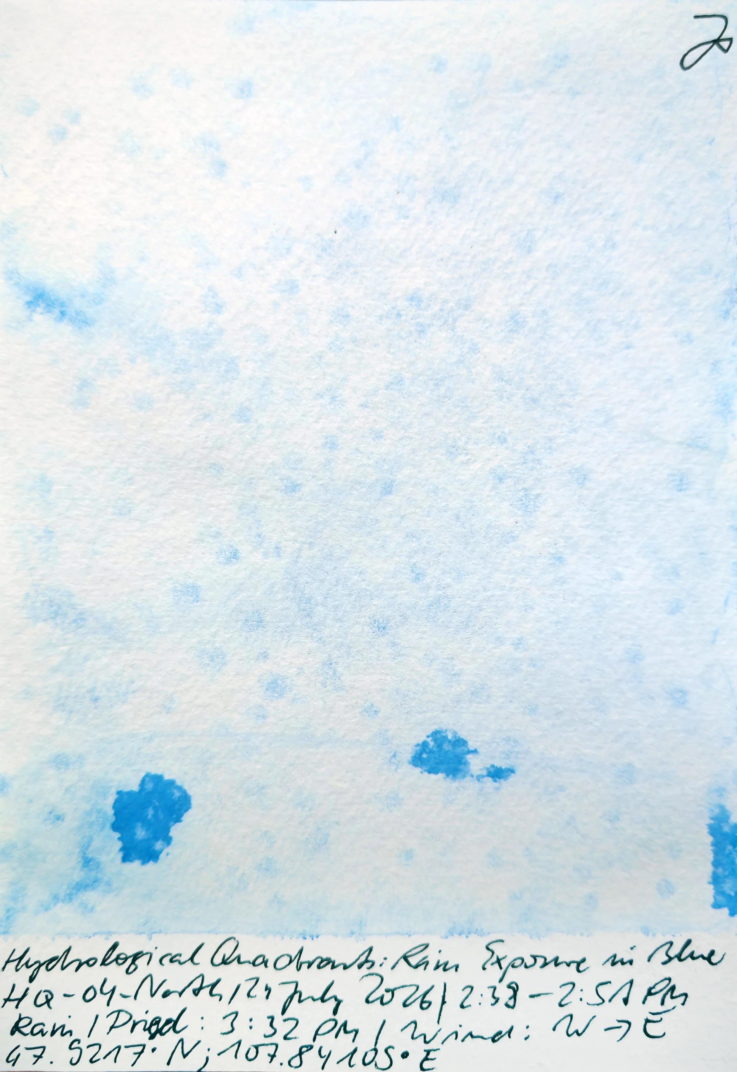 Photograph of a handwritten scientific note about hydrogeological observations and rain exposure, including dates and measurements in blue ink on lined paper.