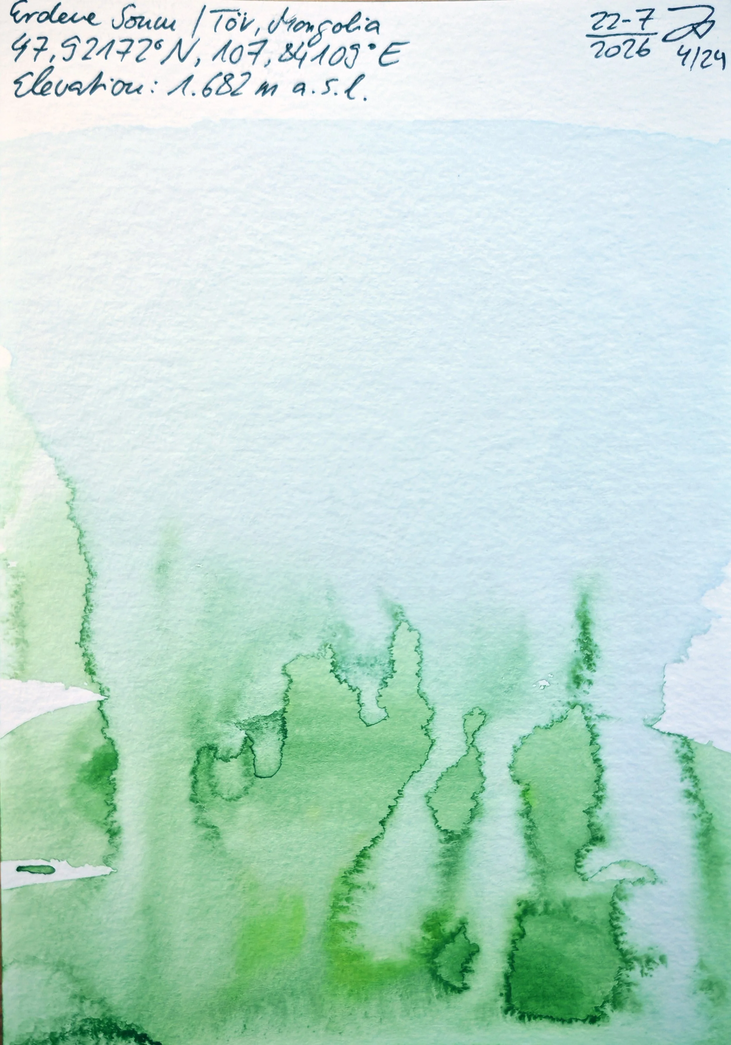 Watercolor painting with green and blue shades and ink-like streaks, with handwritten notes at the top about location in Mongolia, coordinates, elevation, date, and some measurements.