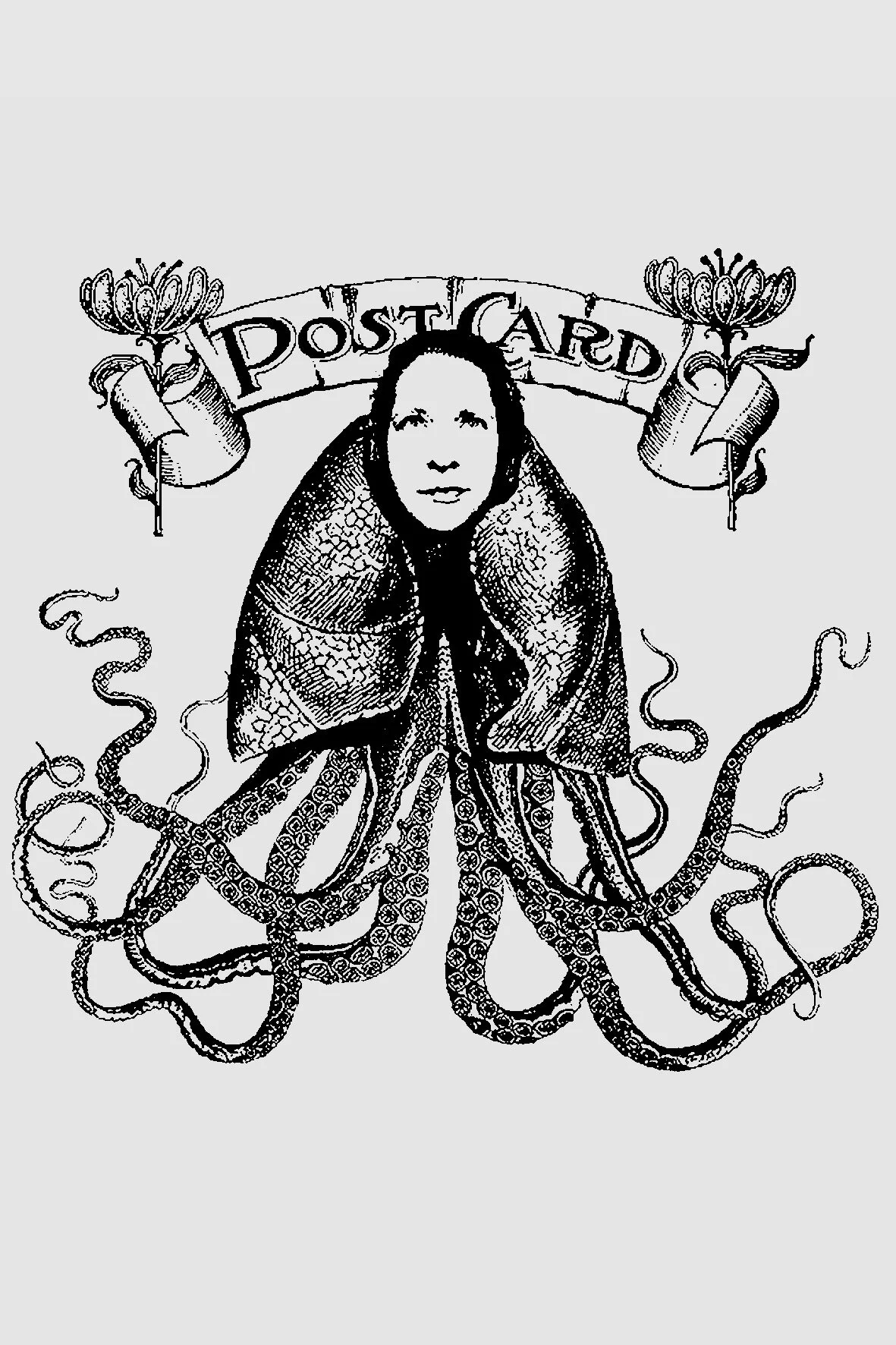 Black and white illustration of a person with a human face and octopus body, with a banner reading 'Post Card' above.