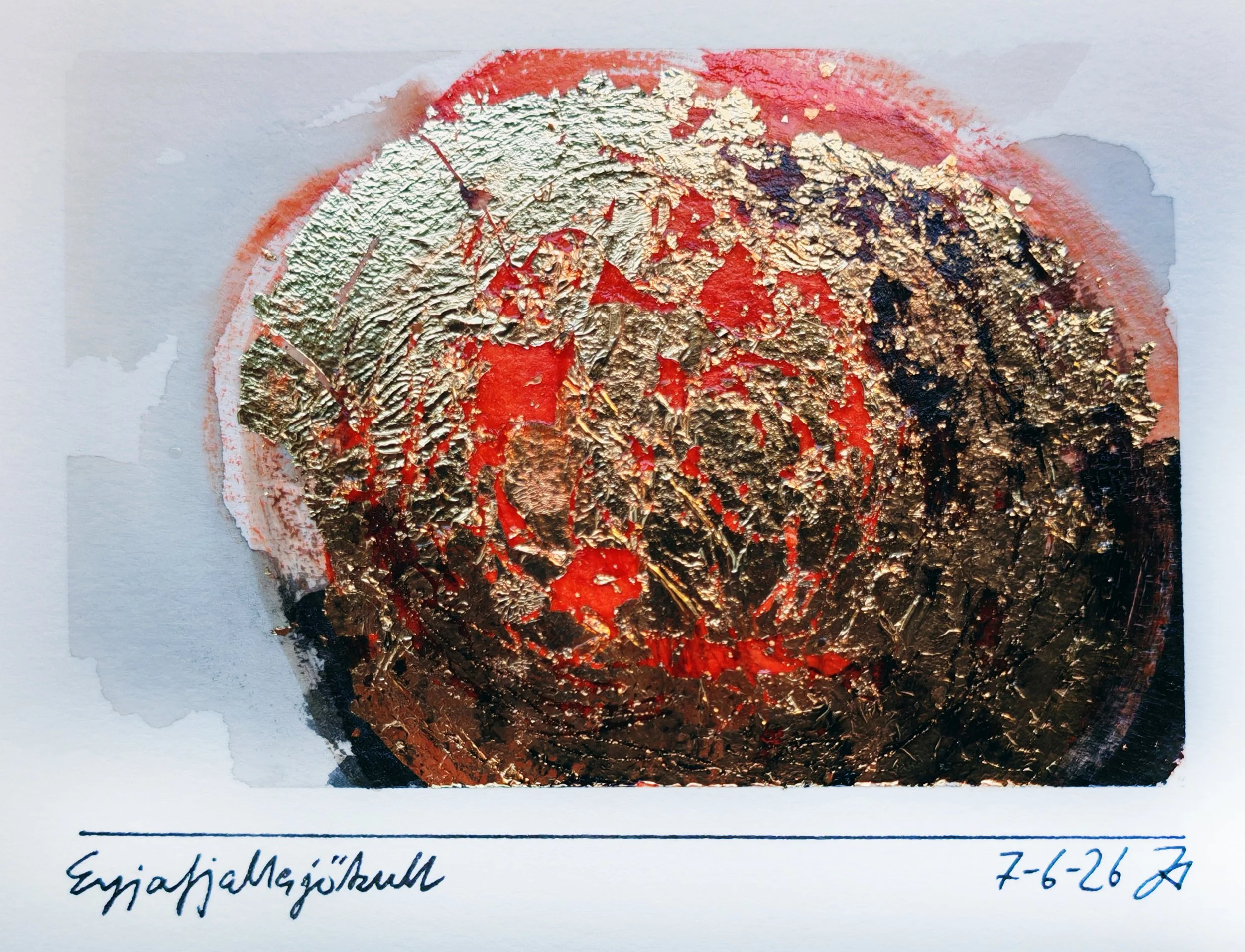 A petri dish showing a sample of fungal growth with golden and black coloration on a red background. Handwritten notes are visible underneath with scientific data and date.