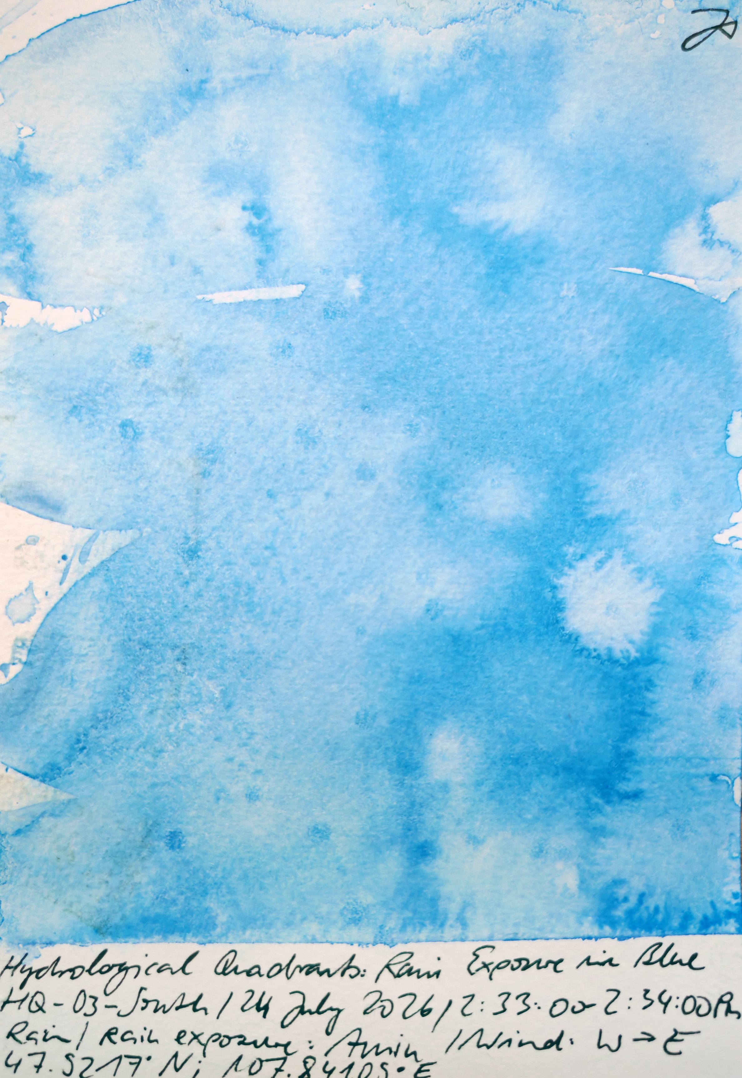 A watercolor painting in shades of blue with white accents, showing a cloudy sky. There is handwritten notes at the bottom of the image discussing a hydrological quadrant and rain exposure in Blue HQ.