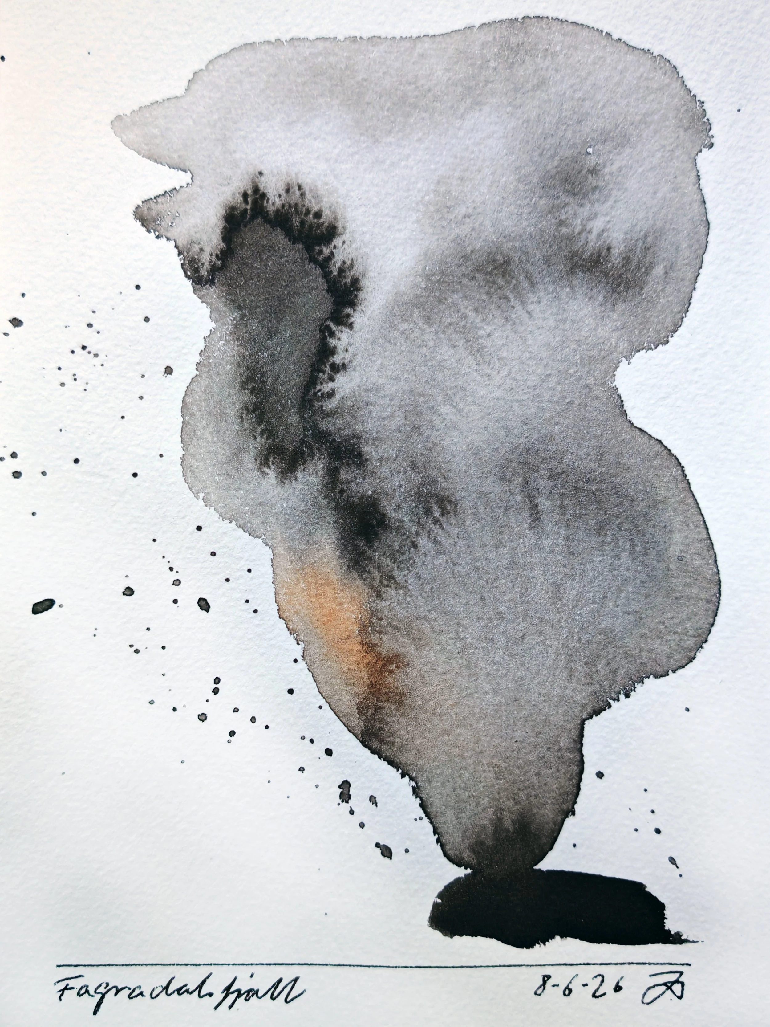 A watercolor painting titled "Facraddal Hill" dated 8-6-26, depicting a stylized profile of a person's face in shades of black, gray, and faint hints of color, with splatters of black ink around the face and an abstract background.