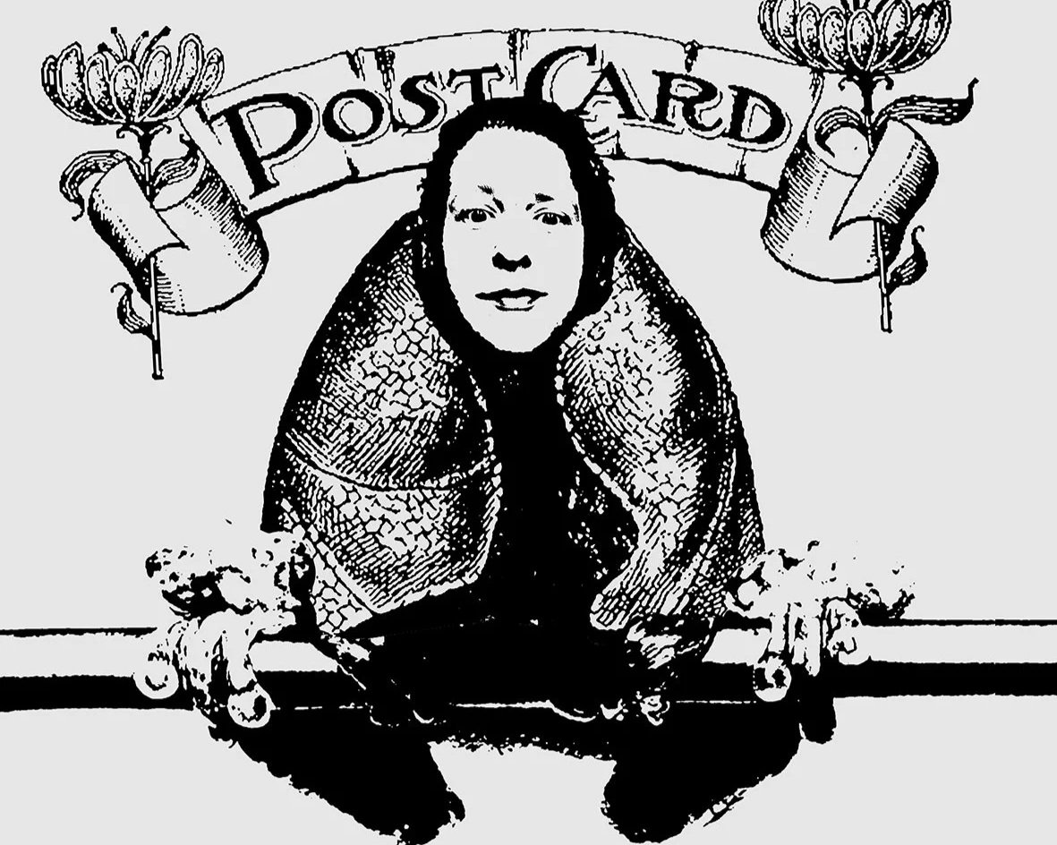 A cartoon illustration of a person with a human face and a turkey body, holding a gavel in each hand, with a banner above that reads 'Post Card' and decorated with flowers.