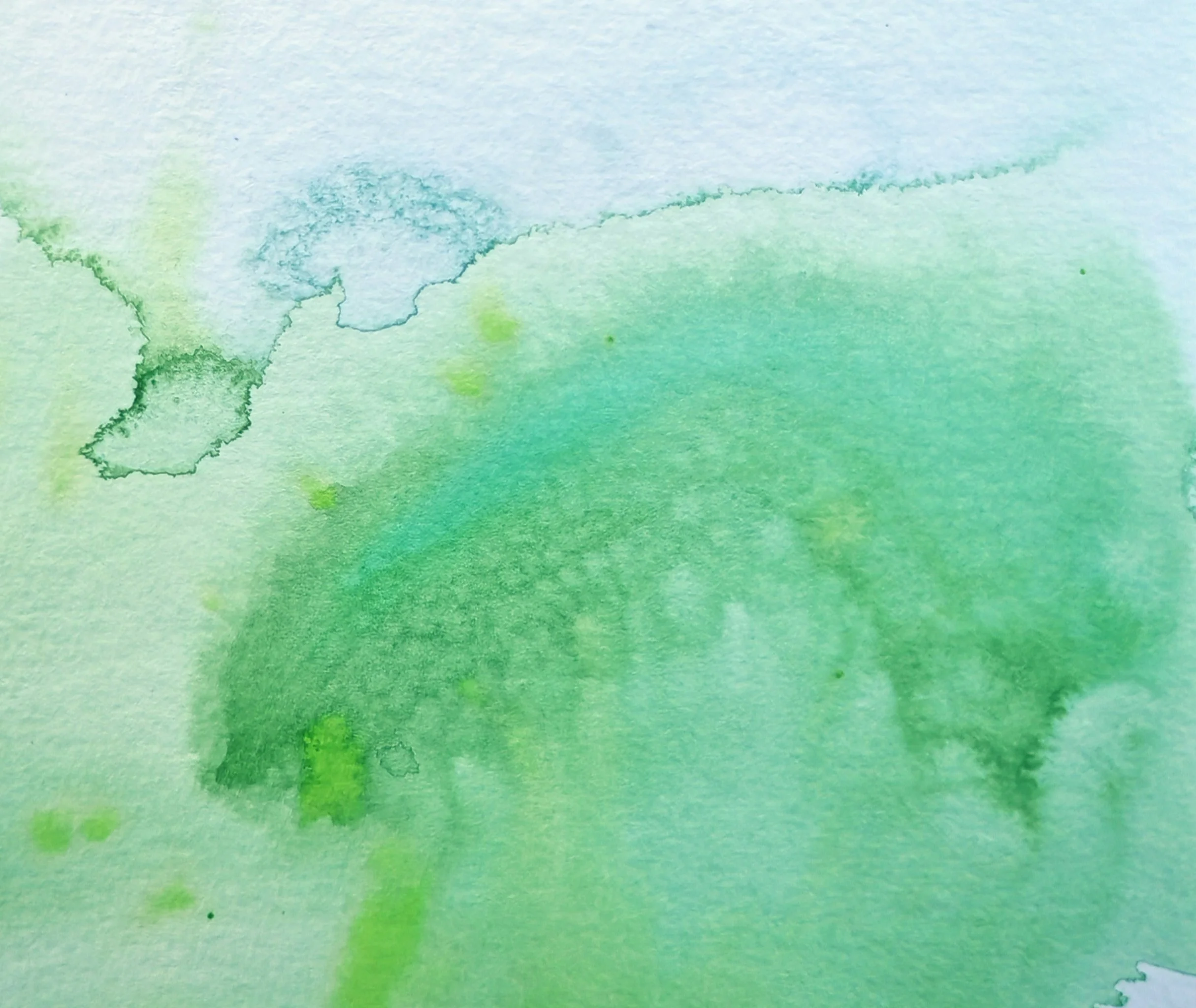 Abstract watercolor painting with shades of green, blue, and hints of yellow blended together.