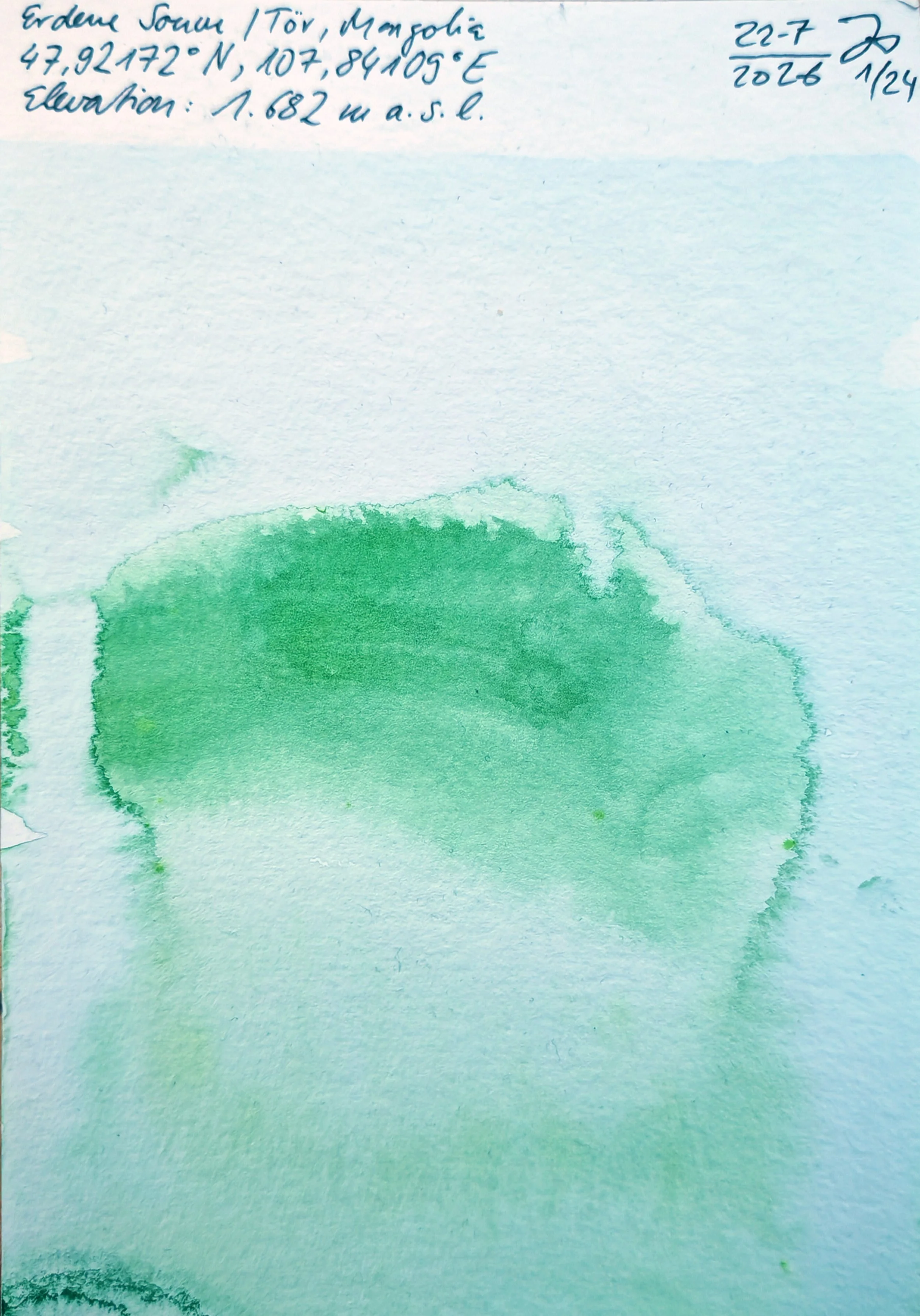 A handwritten note with geographical coordinates, elevation, and date, accompanied by a watercolored green landscape at the bottom.