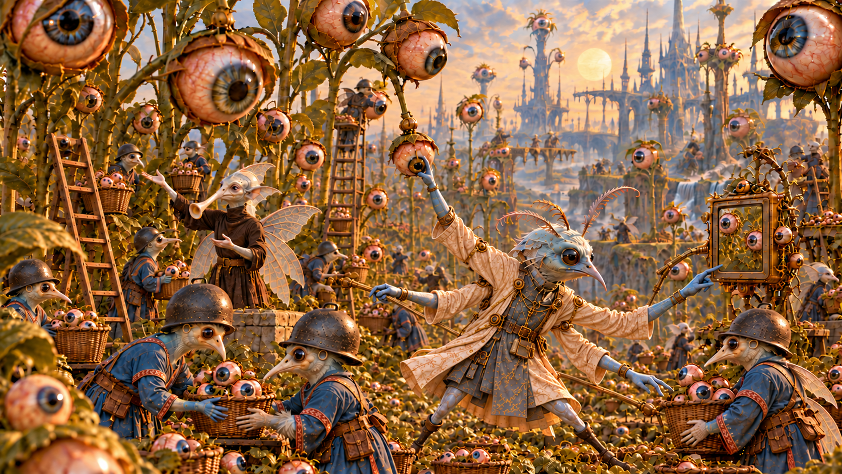 Fantasy scene of humanoid bird characters and small animal soldiers harvesting and collecting large eyeball-like fruits in a lush, fantastical landscape with castles in the background during sunset.