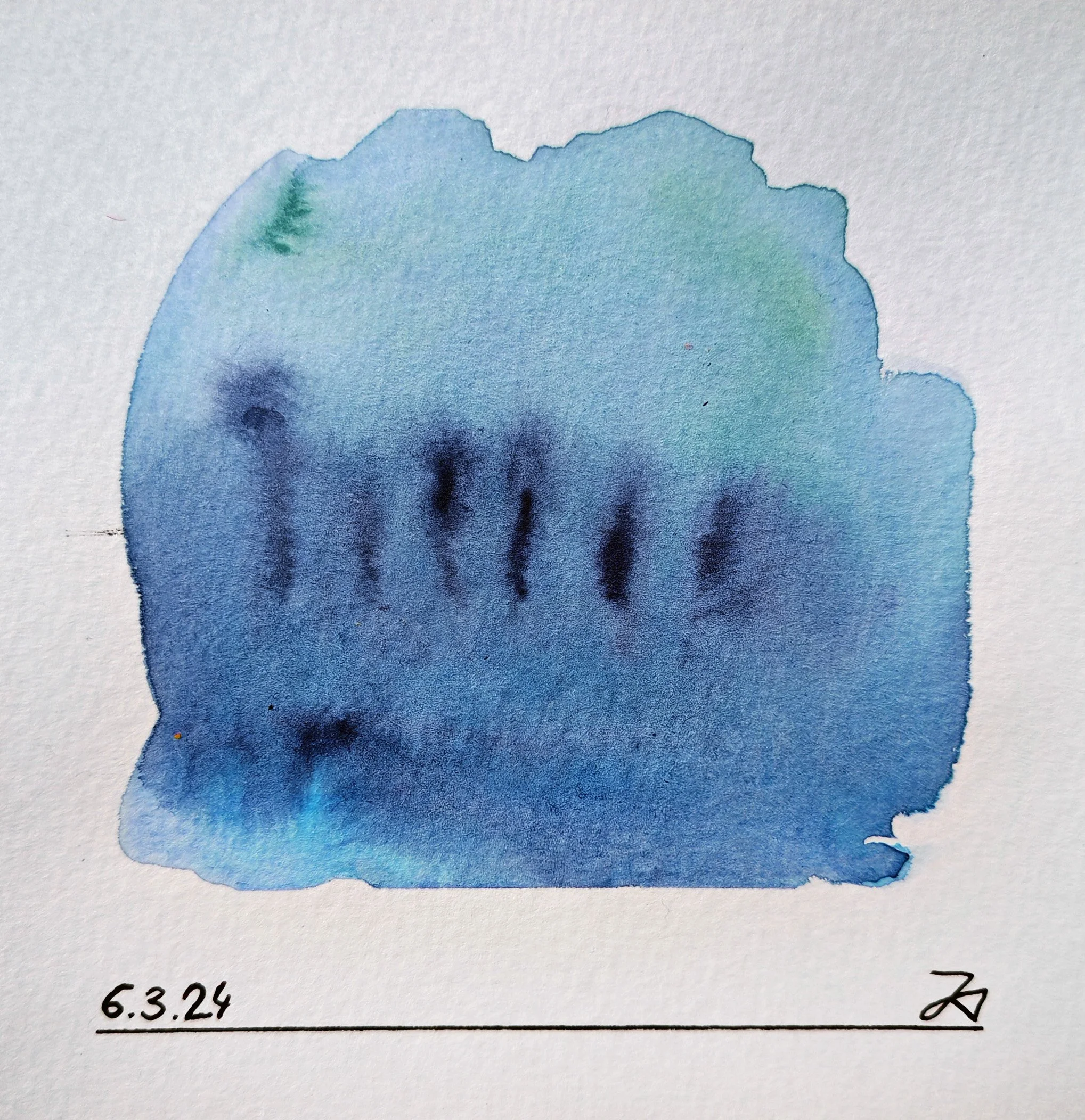 Watercolor painting of the state of Washington with shades of blue and green, with the date 6.3.24 written below.