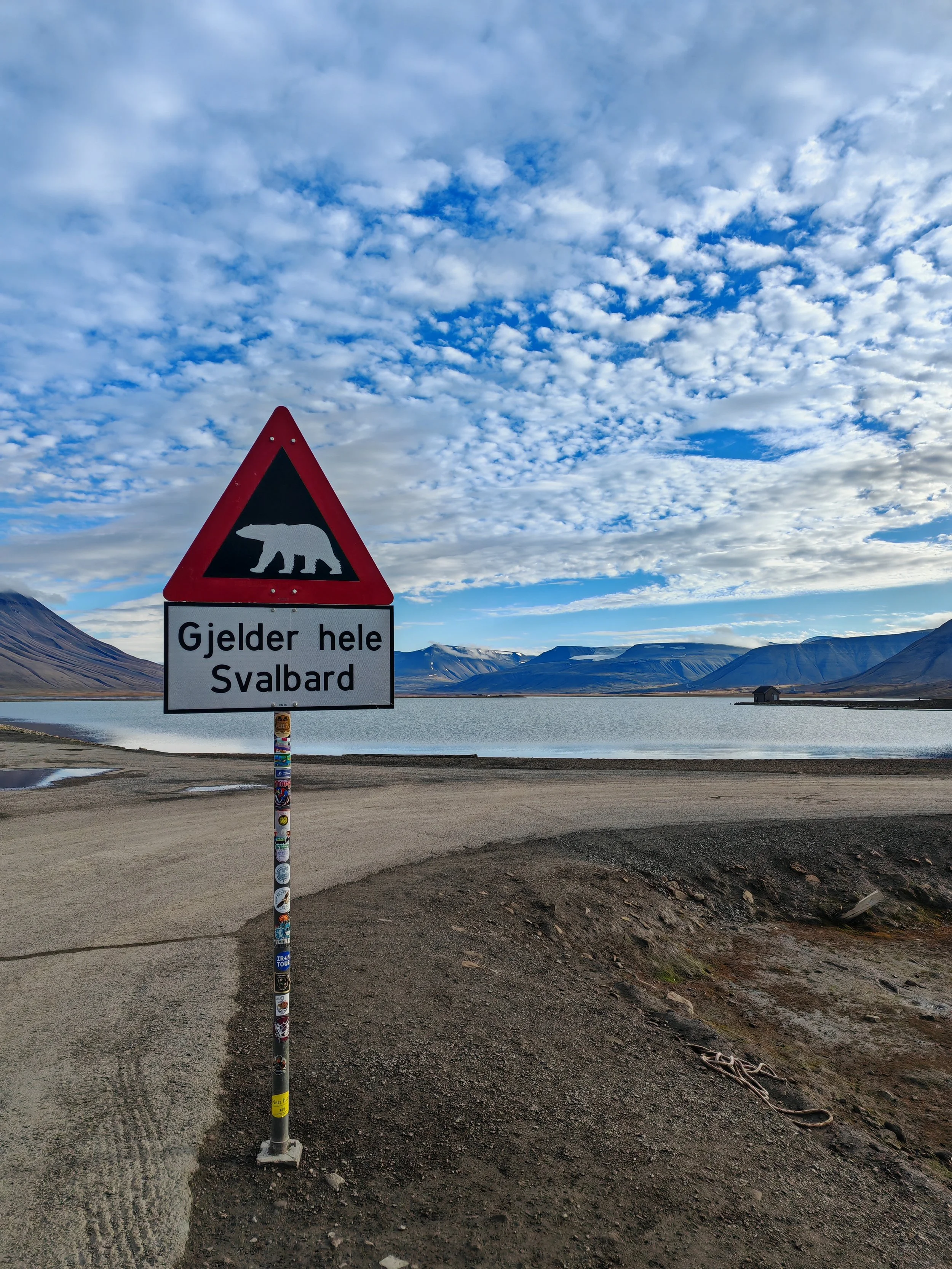 A warning sign with a polar bear symbol and text in Norwegian, placed near a body of water and mountains under a partly cloudy sky.