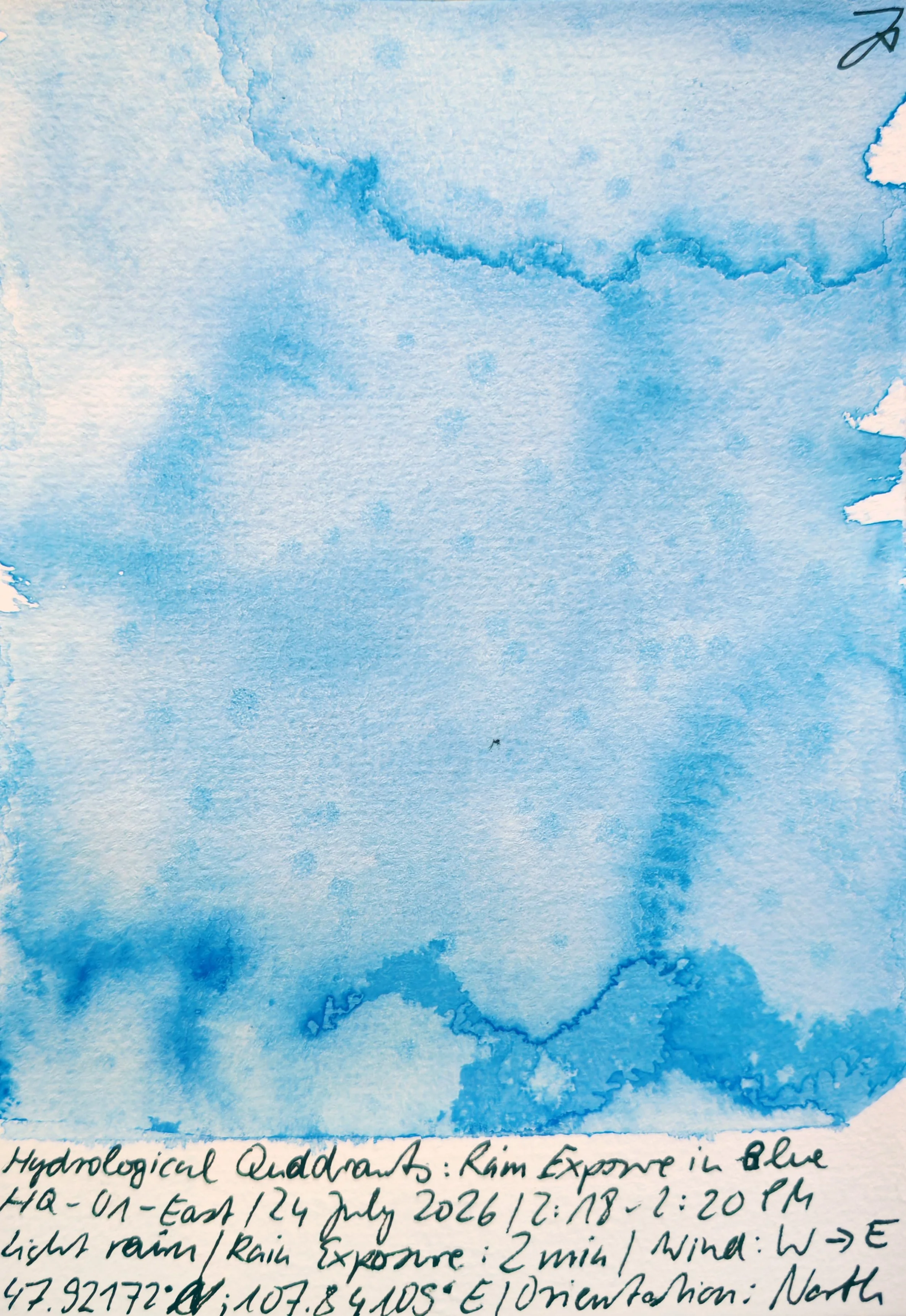 A blue watercolor painting with handwritten text below describing a hydrological quadrant and rain exposure details.