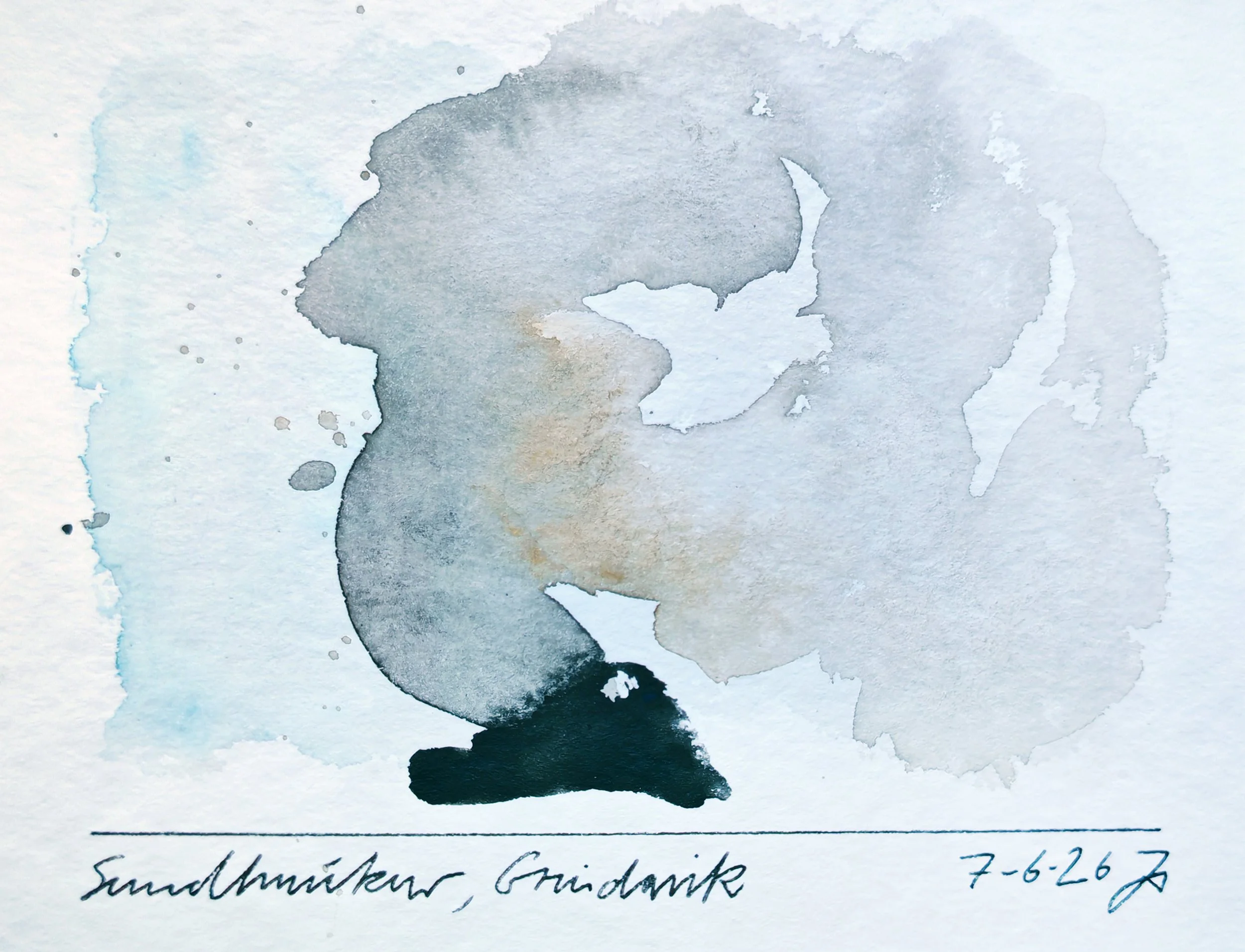 Watercolor painting of a person's profile with handwritten notes underneath.