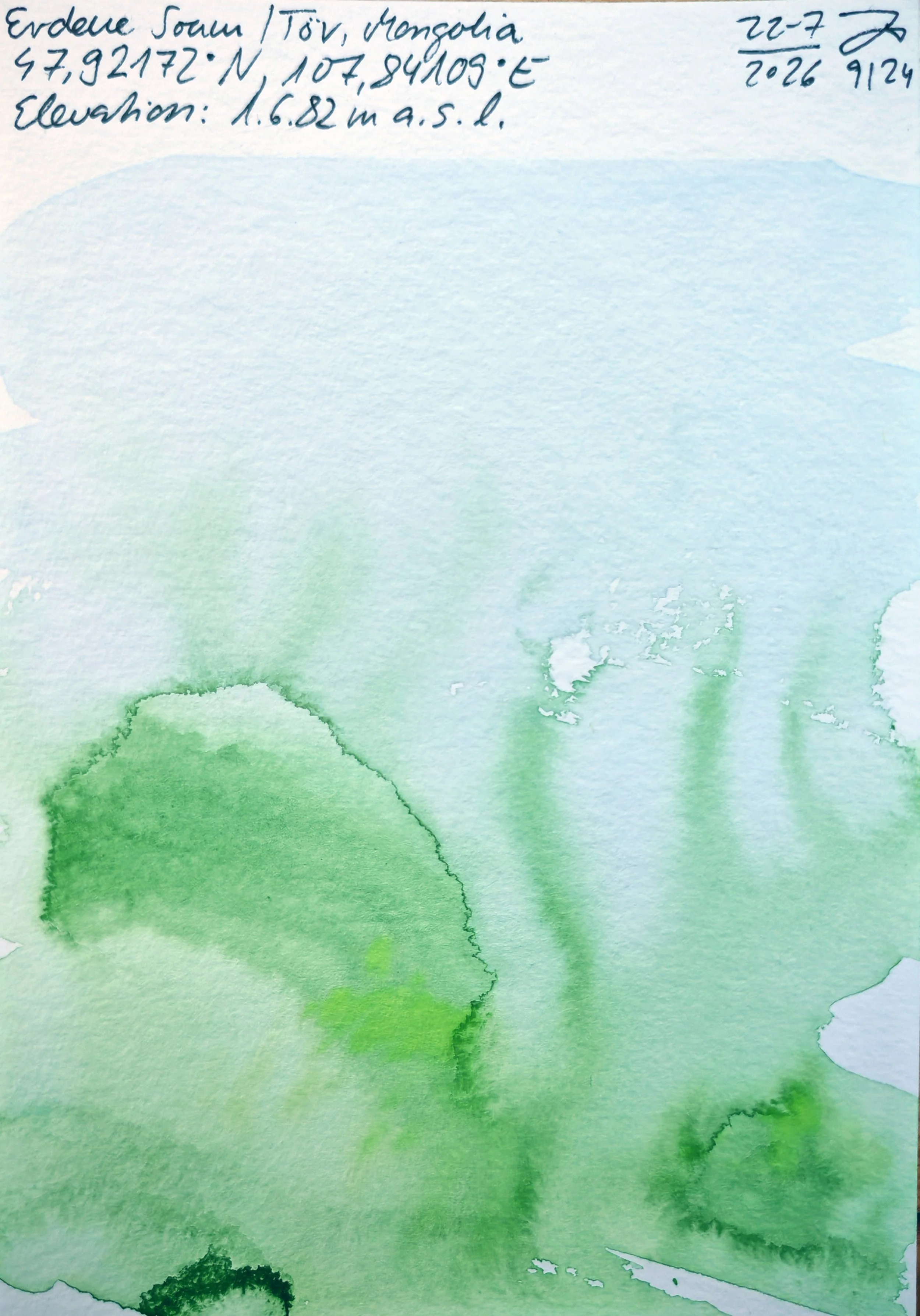 Handwritten notes with latitude, longitude, elevation, and some dates, over a watercolor background in green and blue shades.