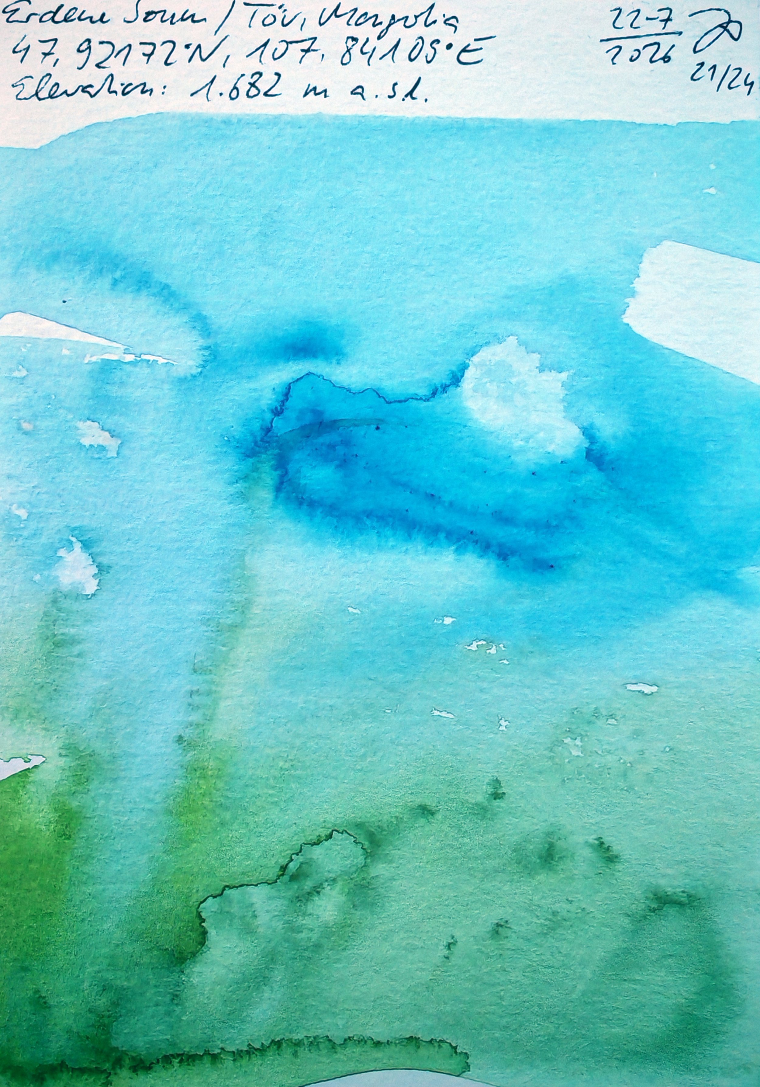 A watercolor painting transitioning from blue to green hues, with a torn paper edge at the top containing handwritten notes and numbers.